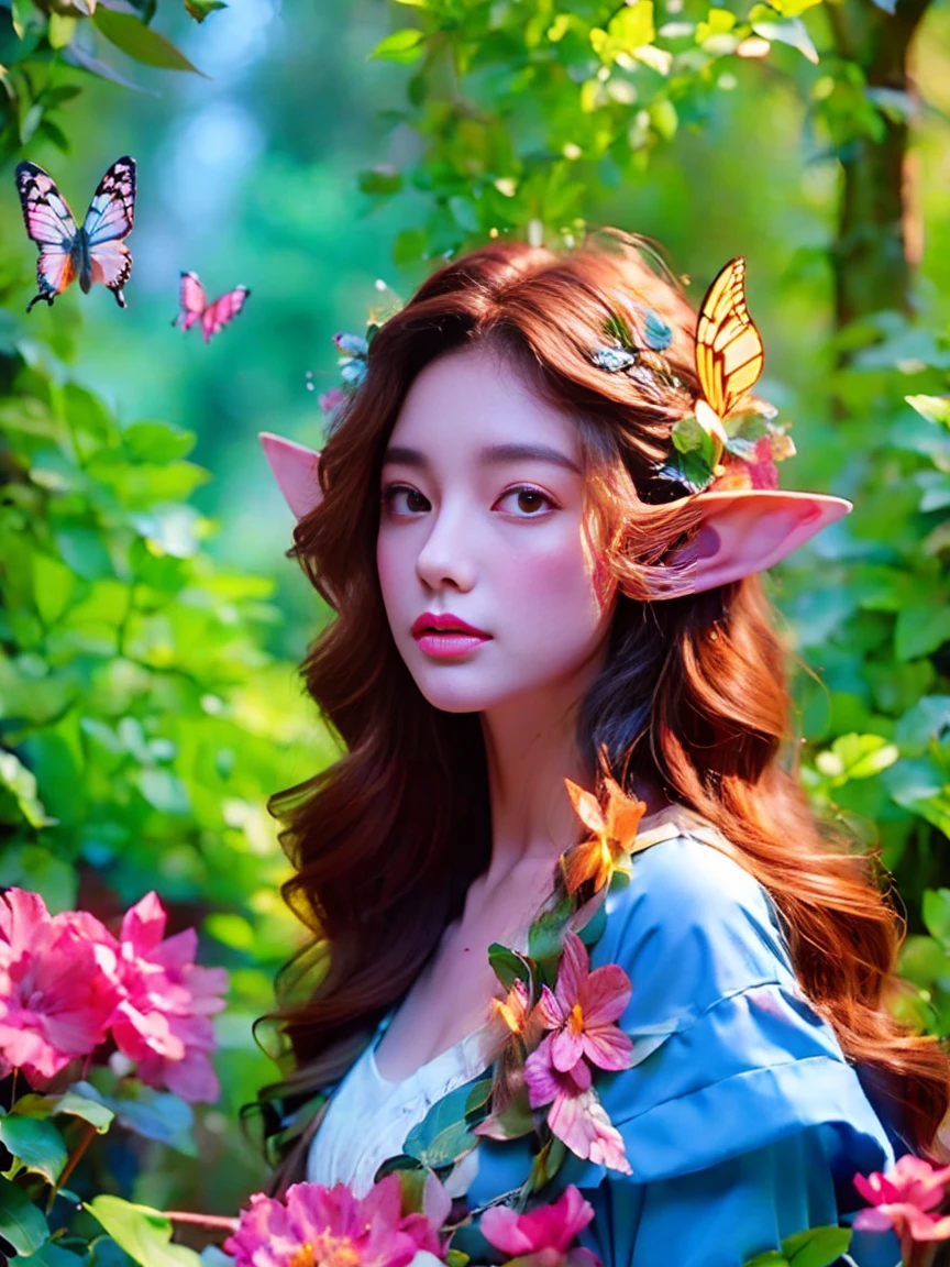 Flower path, journey, Quiet grove, Magical beautiful delicate butterfly, Butterflies of all sizes flutter around it., A serious atmosphere, brightness, Connection with nature, Dusk begins in the background, There is a mysterious and charming atmosphere, (There is a long-haired elf in the woods:1.3), (pointy ears), Delicate face, And very beautiful, crescent hair ornament, rococo style, Conceptual art, first-person view, UHD, anatomically correct, masterpiece, accurate, textured skin, super detail, award winning, 8k