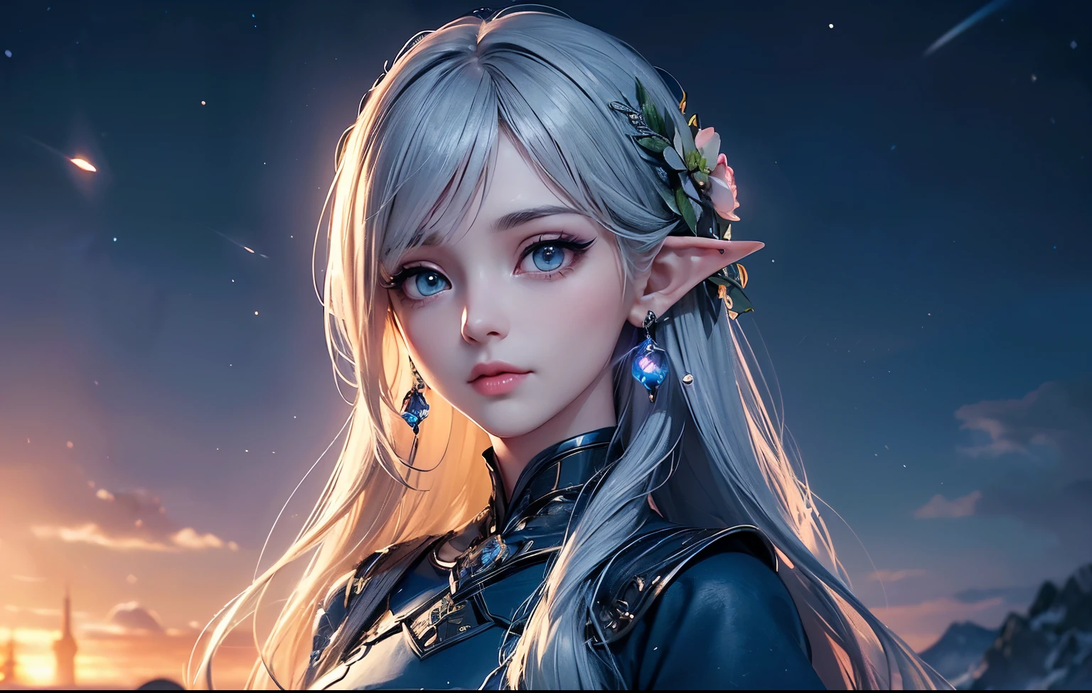 (best quality), (masterpiece), (detail：1.4)，hdr(High Dynamic Range），Ray traching，NVIDIA RTX，Hyper-Resolution，illusory 5，sub surface scattering，PBR textures，post-proces，Anisotropy Filtering，depth of field, maximum definition and sharpnesany-Layer Textures, Surface coloring，Mitsu-Accurate simulation of material interactions，perfectly proportioned，renderingw by octane，Two-colored light，large aperture，Low ISO，White balance，Rule three points、8K raw data, Fantasy art, starlit city, (epic landscape)!!, elven girl, starry night, fantasy world, Mystycal Sky, celestial beauty, enchanted evening, magical scenery, dreamy vista, futuristic fantasy, mystic mountains, night sky magic, fairy tale setting, cosmic view, mytichal city, ethereal night, fantasy journey, legendary land,  (1elven girl sit down at hill with full of flower)!!, the girl looking at the sky, realistic dress, realistic clothes, realistic hair, realistic skin, Super cute little face, Very pretty face, Thin eyebrows, Perfect beautiful face, Rosy face, Clean face, Perfect beautiful face,((black eye pupil: 0.8)),Very beautiful eyes, Detailed Eyes, Realistic Eyes, Beautiful makeup and detailed eyelashes, Wet eye makeup,High Nose, earrings, natural lips,