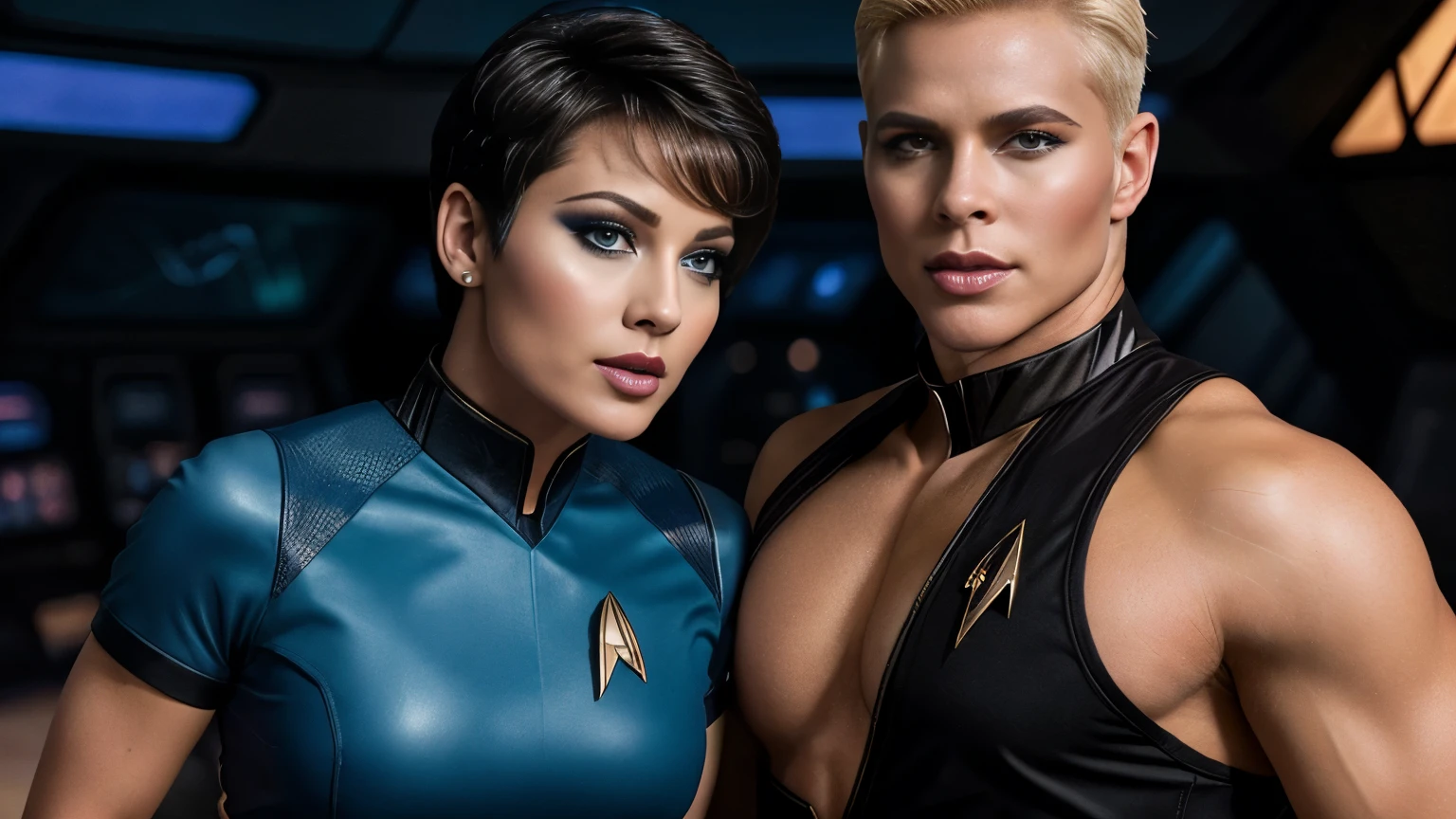 Sexy Star Trek officer. Woman . Great legs. Bold makeup. Short hair. Blonde. Otherworldly beauty. Thick fit athletic body. Skin tight Star Trek costume. Lots of exposed skin. Bold colours. Red, blue, gold. Flirting. Kissing. Sexual touching. Sexual intercourse. Sexual Action.