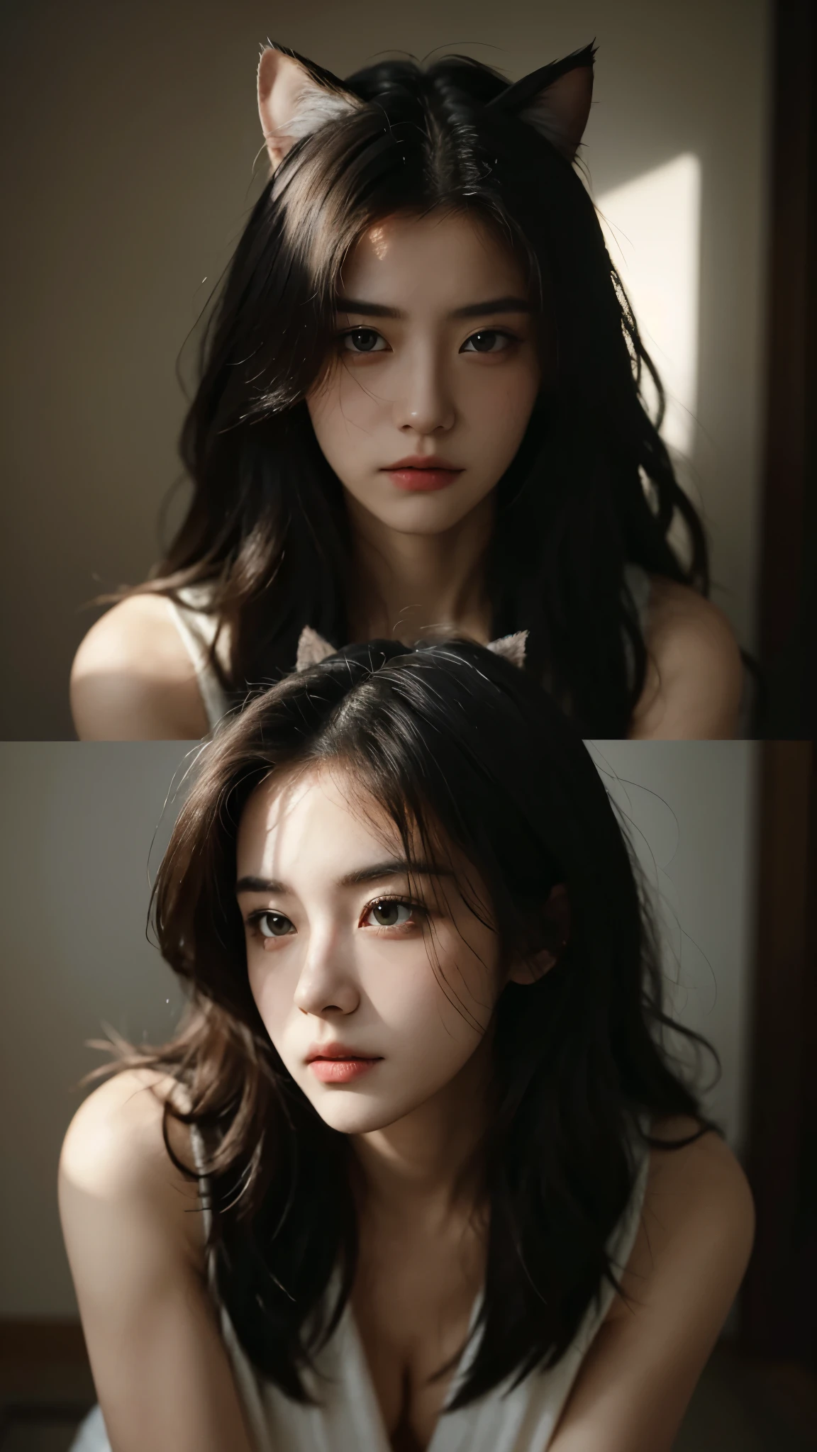 Best quality,masterpiece,Ultra-high resolution,RAW photos, Cat ears,cute,In the light,deep shadow,Low profile,Cold Light,sexy look,Long hair,((best quality: 1.5)) ((masterpiece: 0.8)), Intricate details, Clear focus, professional, real life, Real facial expression, Dynamic poses, ((([Large breasts:0.8])))),
