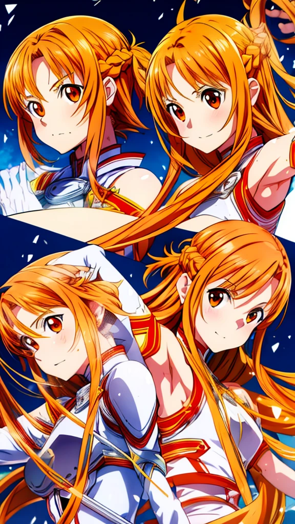 masterpiece, best quality, 1girl, anime girl with long orange hair with orange eyes wearing white armor and white pants, yuuki asuna from sword art online, yuuki asuna, showing both armpits, detailed armpits, detailed face, detailed eyes