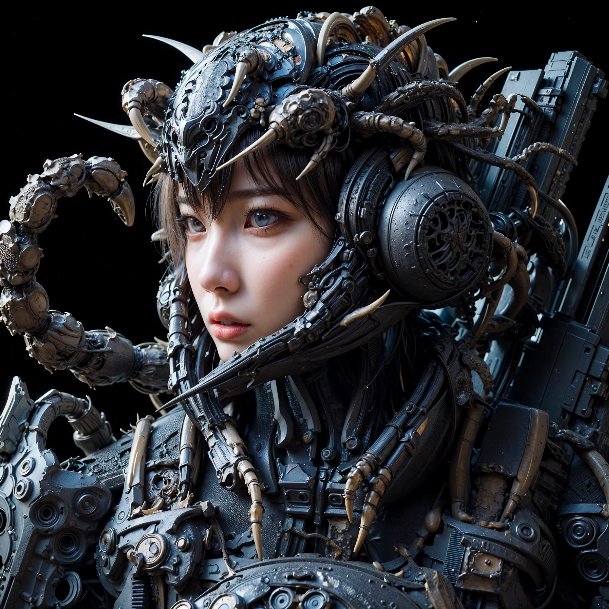 (top-quality:1.2, masterpiece), ultra high resolution, (Photorealsitic:1.4), (crab-base body), 1 Japanese female, extremely realistic face, (white hair), ((ultimately intricate all details)), (whole body picture), realistic shadow, octan render, glossy textures, character edge light, Details of complex ornaments, dystopia with a beautiful view at night, fighting pose