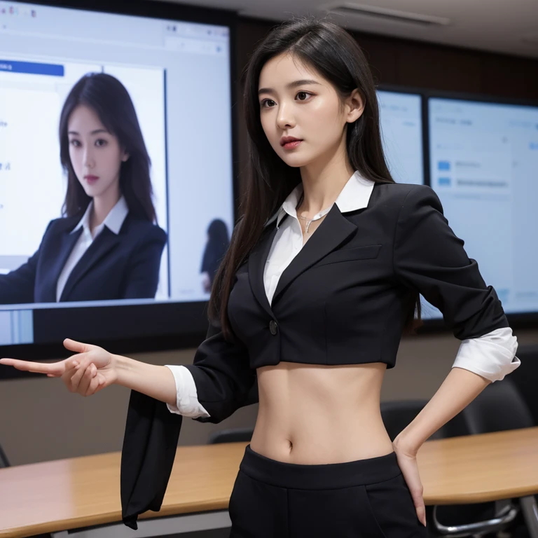 Girl in crop top professional suit, showing navel, ((doing presentation)), in the conference room, 45 years-old