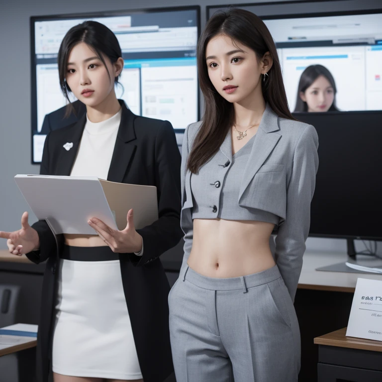 Girl in crop top professional suit, showing navel, ((doing presentation)), in the conference room, 45 years-old