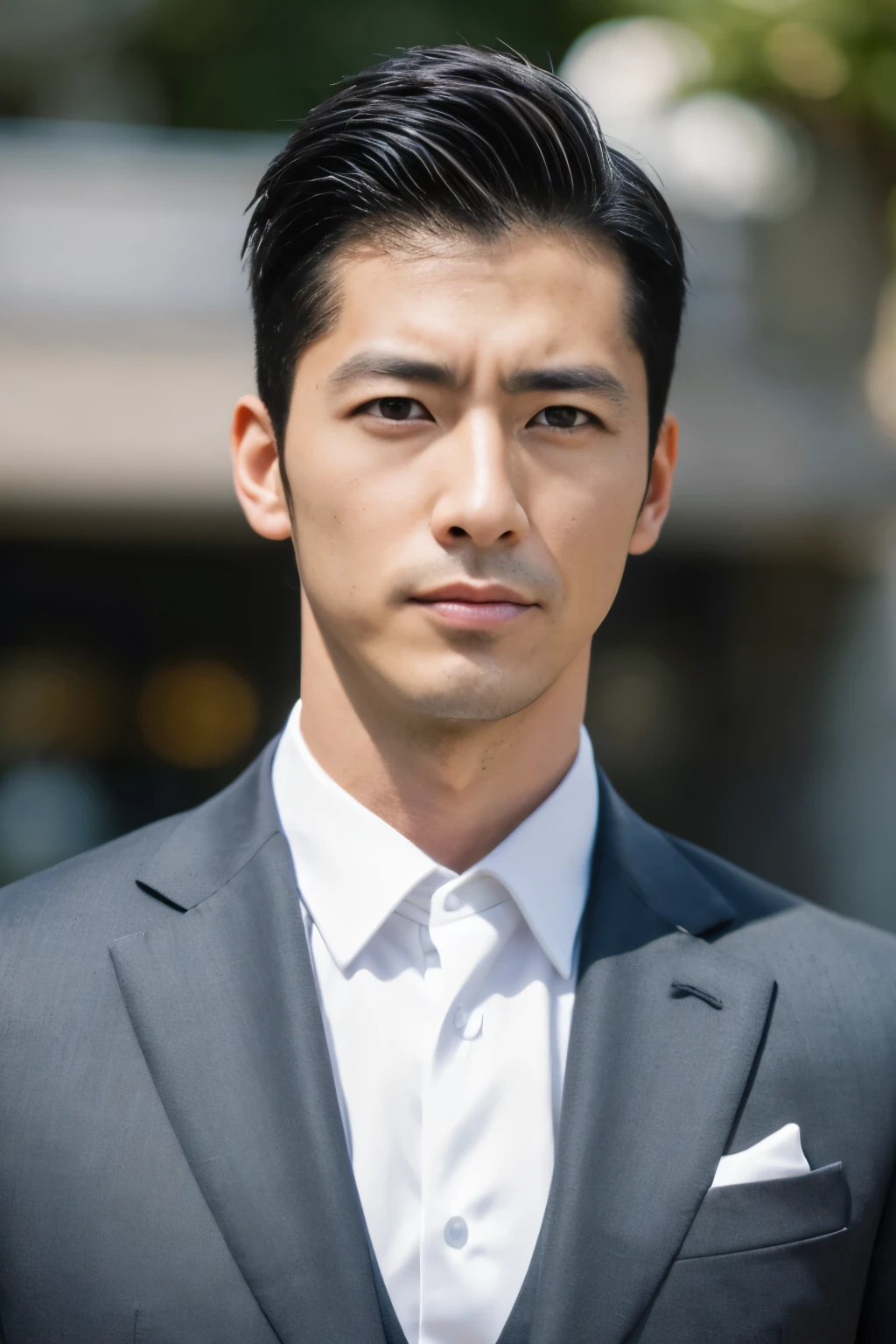 1boy, 35 years old Japanese male, (male:1.5), gray eyes, squint, (very short hair:1.3), under_cut, Pompadour, ((formal)), ((suit)), (handsome, sharp) , fierce facial features,))), (stout muscular body), (stout physique), SFW, outdoors, detailed background, modern urban,