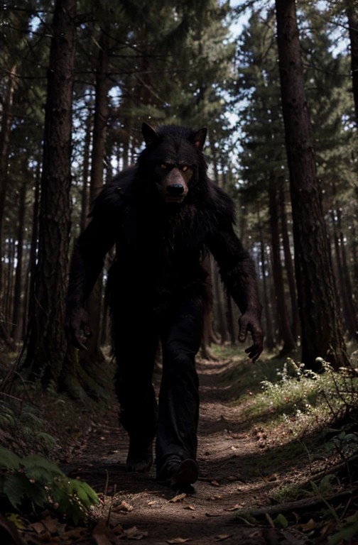 Dark forest. Fierce male werewolf stalking through trees