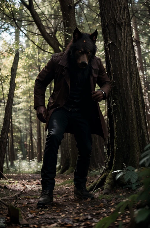 Dark forest. Fierce male werewolf stalking through trees