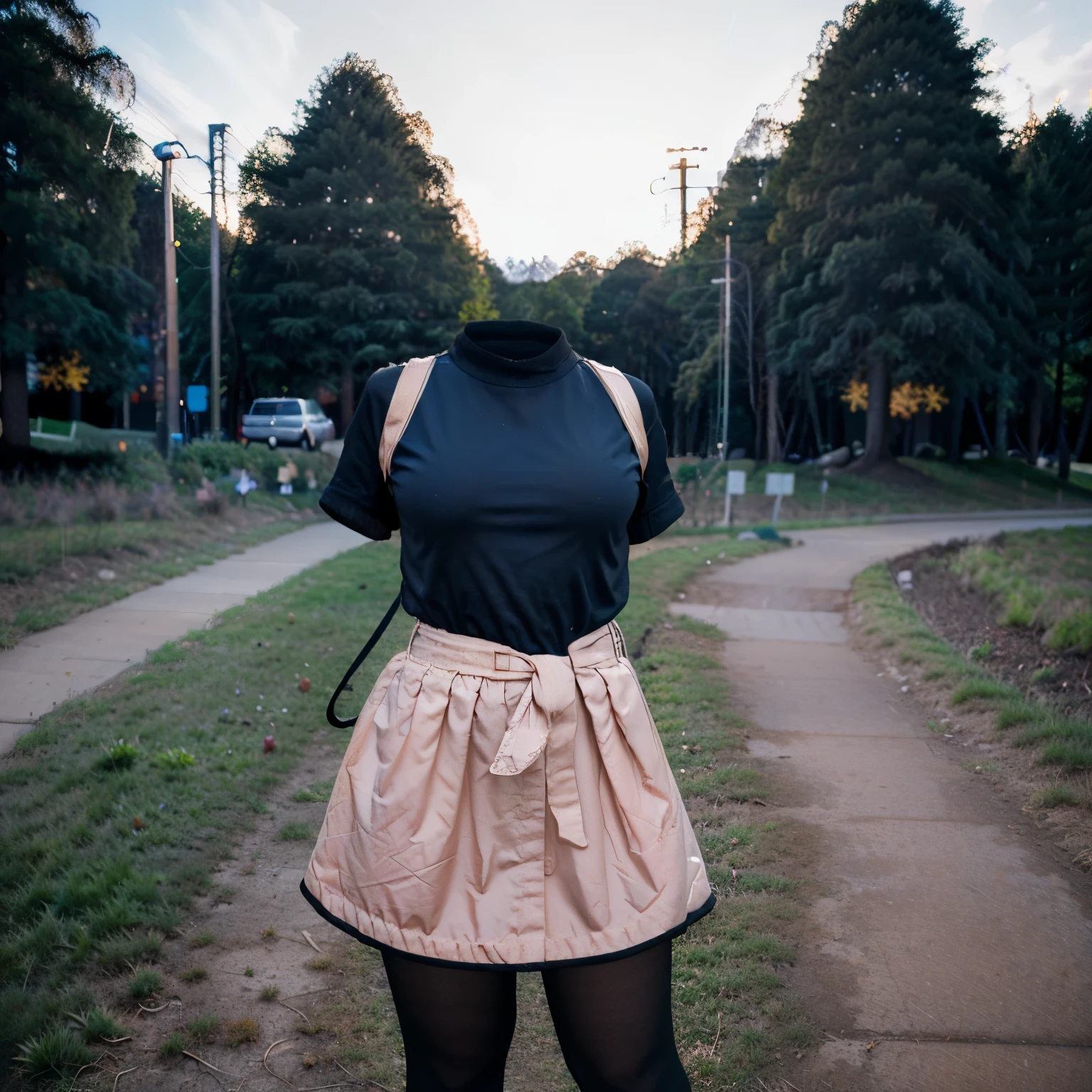 grass field, Alena, cape, yellow dress, short sleeves, belt, gloves, skirt, black pantyhose, fat, cute big breasts, (invisible, no human, headless, handless:1.5), (8k, RAW photo, best quality, masterpiece:1.2), (realistic, photo-realistic:1.37), photon mapping, radiosity, ((Hasselblad photography)), physically-based rendering