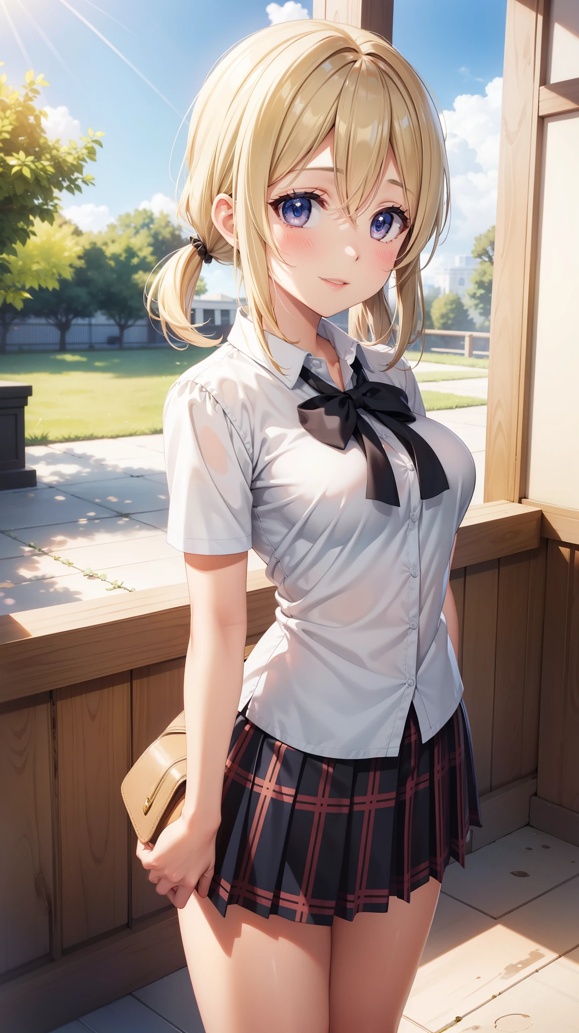 1girl, natural lighting, masterpiece, highly detailed, illustration, game CG, absurdres, high quality, beautiful detailed eyes, glossy lips, natural lighting, medium breasts, blonde hair, low twintails, bangs, hair between eyes, arisa ayase, aahiyori, short hair, standing, light smile, school, white shirt, plaid pleated miniskirt