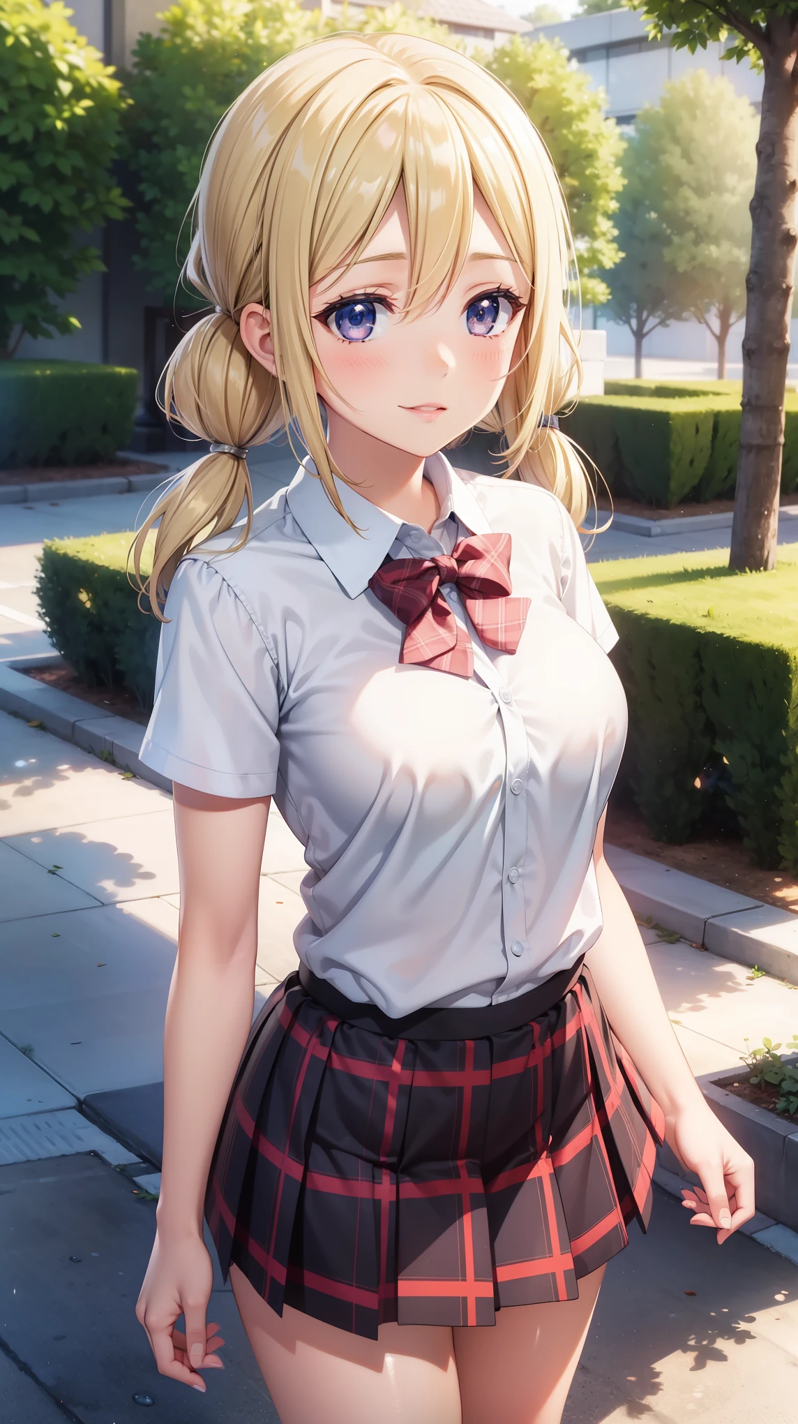 1girl, natural lighting, masterpiece, highly detailed, illustration, game CG, absurdres, high quality, beautiful detailed eyes, glossy lips, natural lighting, medium breasts, blonde hair, low twintails, bangs, hair between eyes, arisa ayase, aahiyori, short hair, standing, light smile, school, white shirt, plaid pleated miniskirt