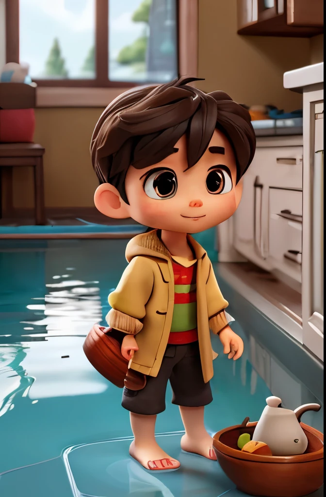 Main Character: Xiao Ming from a poor family
Character State: Xiao Ming bright eyes with defined pupils, and detailed fingers and toes. is playing by the lakeside. He is a small, bright eyes with defined pupils, and detailed fingers and toes. skinny boy wearing a tattered but clean coat. He is holding a homemade toy boat, enjoying his time by the lake.
Pose and Attire: Xiao Ming bright eyes with defined pupils, and detailed fingers and toes.(In the kitchen:1.2)(洗bowl),pool,tap,bowl,Cover your hands with foam,Soft warm lighting,