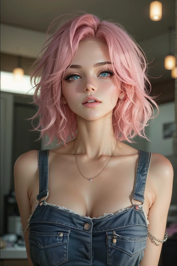 Beautiful girl , sexy slim fit body,  wavey short pink hair ,  tank top  , gorgeous  eyes  , Pink lips , blushed cheeks  , 