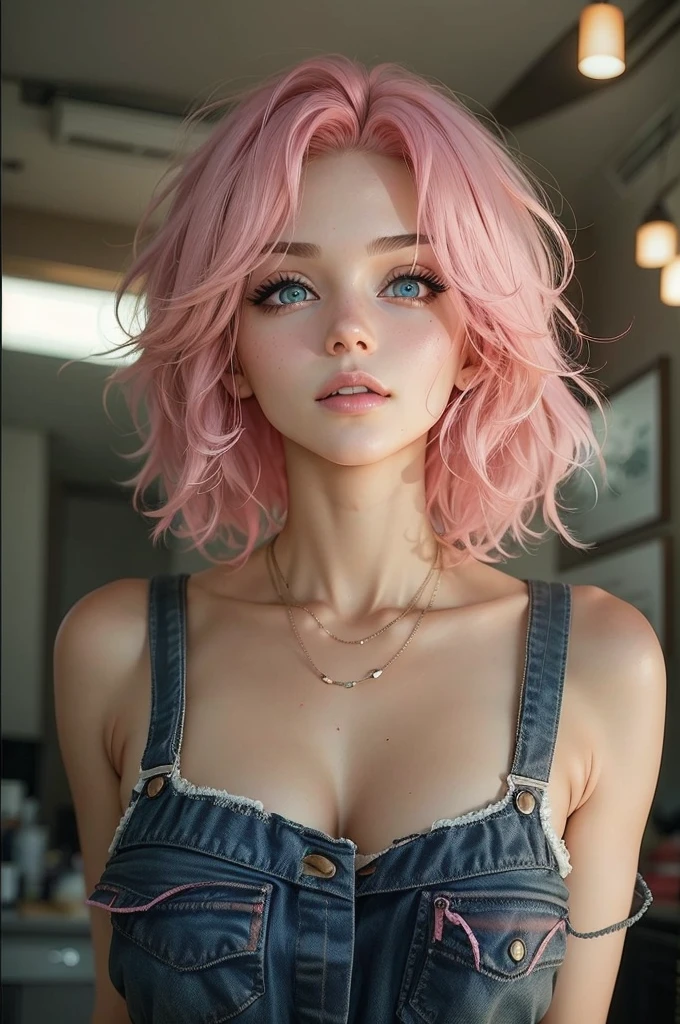 Beautiful girl , sexy slim fit body, wavey short pink hair , tank top , gorgeous eyes , Pink lips , blushed cheeks ,