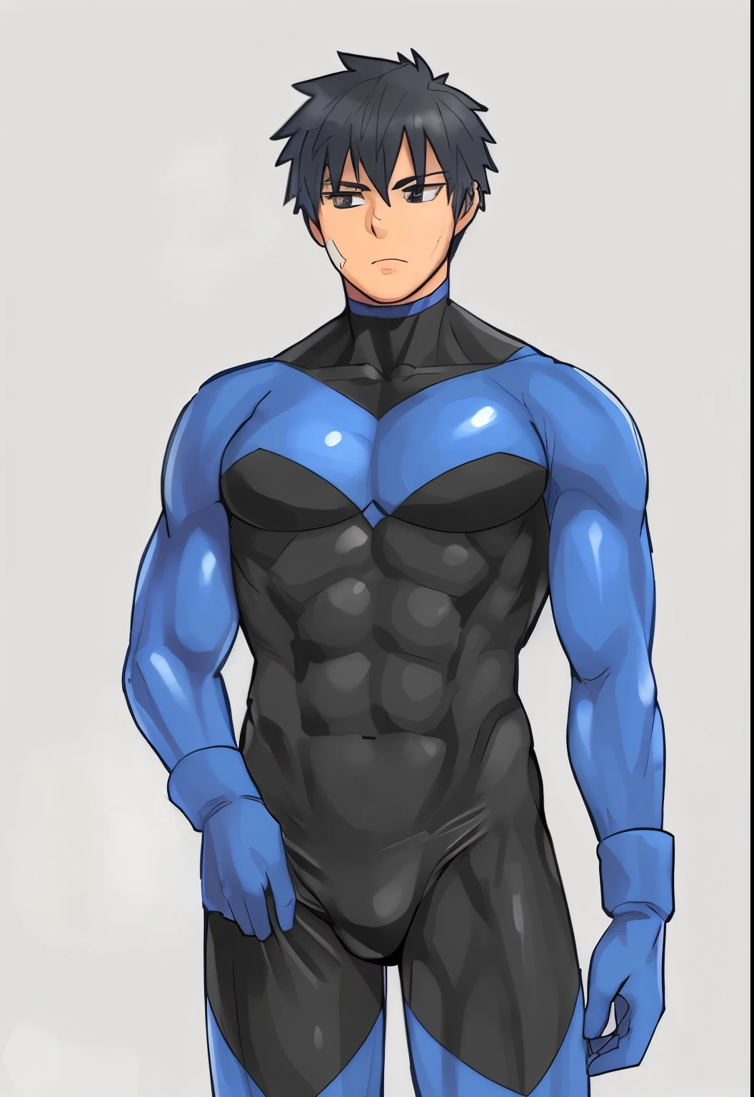 Drawing of a man in a blue and black suit, High quality color sketch, 蓝眼睛的高个子Anime men, Cell shadowing anime, Produced in collaboration with Anime Painter Studio, Cell shadowing!!!, Full body suit, Invisibility Suit, spandex suit, Blue body, Anime men, In the anime painter studio, as an anime character, Very detailed and beautiful fan art, muscular!!