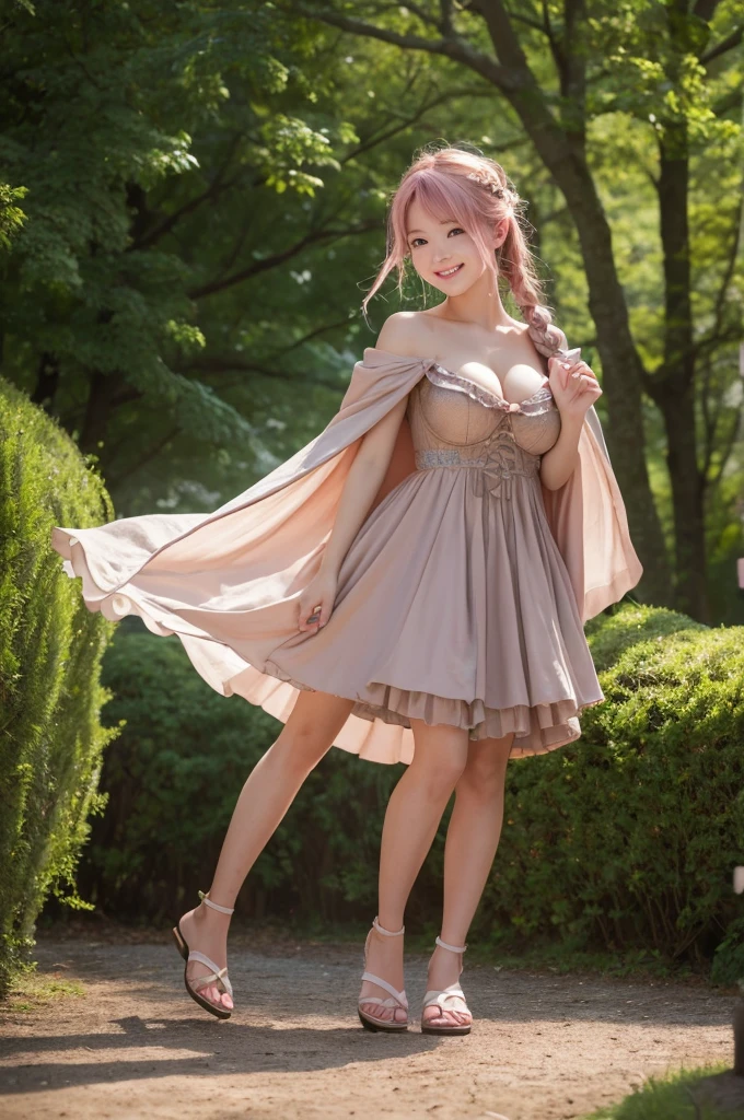 masterpiece, highest quality, Very detailed, magician, Green mint eyes, Cold Eyes, A cold, smiling mouth, The magic book in your right hand, A small man holding a lantern in his left hand, Loose pink hair, Modest brown dress, Sepia braided sandals, On her shoulders、A damaged, dark moss-colored cape,(16k, RAW Photos, highest quality, High resolution), High-definition RAW color photos, Professional photos, (Layered silhouette: 1.2), Complex patterns, (Realistic, Photorealistic: 1.3), (Japanese Girls), Big Breasts、Very firm breasts、are not drooping、The cleavage is visible。Too much exposure、(NSFW)、Shine、(Detailed face: 1.2), (masterpiece: 1.5),Fine-grained beautiful skin, (cute: 1.2), (sexy), (highest quality: 1.2), (One girl: 1.3), (solo, soloフォーカス), A completely normal human body type, A depiction of a woman that is faithful to human anatomy, A representation of a healthy, balanced and vibrant woman。Too much breast exposure。 「No deformed or unnatural body parts」No missing limbs。Normal number of heads, limbs。Head, limbs, and thickness are normal for height。The number of heads is one。Body length is anatomically normal。
