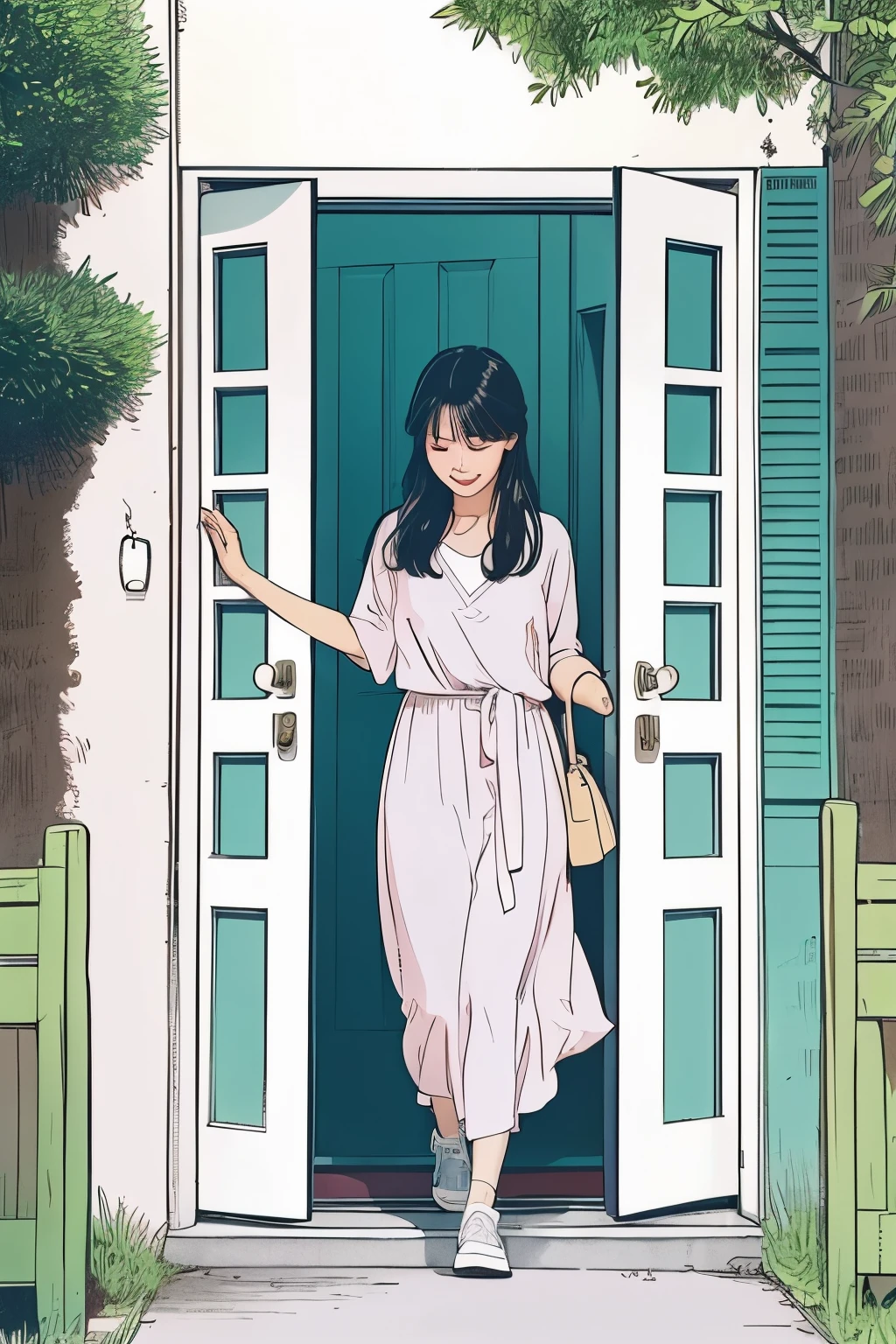Line drawing illustration4Please create it in pastel colors.。「A 27-year-old Japanese woman emerges from a modern door in the middle of nature、Open the door to a world of cinematic everyday life1I would like an illustration of someone taking a step。The everyday world is like a movie, and the light is dazzling、I can't see the ground。The woman has a hopeful smile、Line drawing illustration of something I'm about to head towards。I want an overall bright look。Please depict the female facial expression in detail and accurately.」