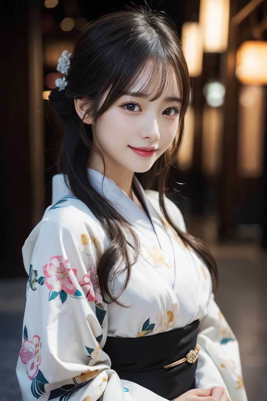 （kimono）、masterpiece、beautiful girl、Beautiful fine details、highest quality, 超A high resolution, (reality: 1.4), Cinema Lighting、(Japanese Girls)、so beautiful、Beautiful Skin、(Looking at the audience)、(Surreal)、(High resolution)、(8k)、(Very detailed)、(Beautiful details)、(Very detailed)、 (wallpaper)、Detailed face、Bright lighting、Professional Lighting、Smiling, open chest, seductive and sexy