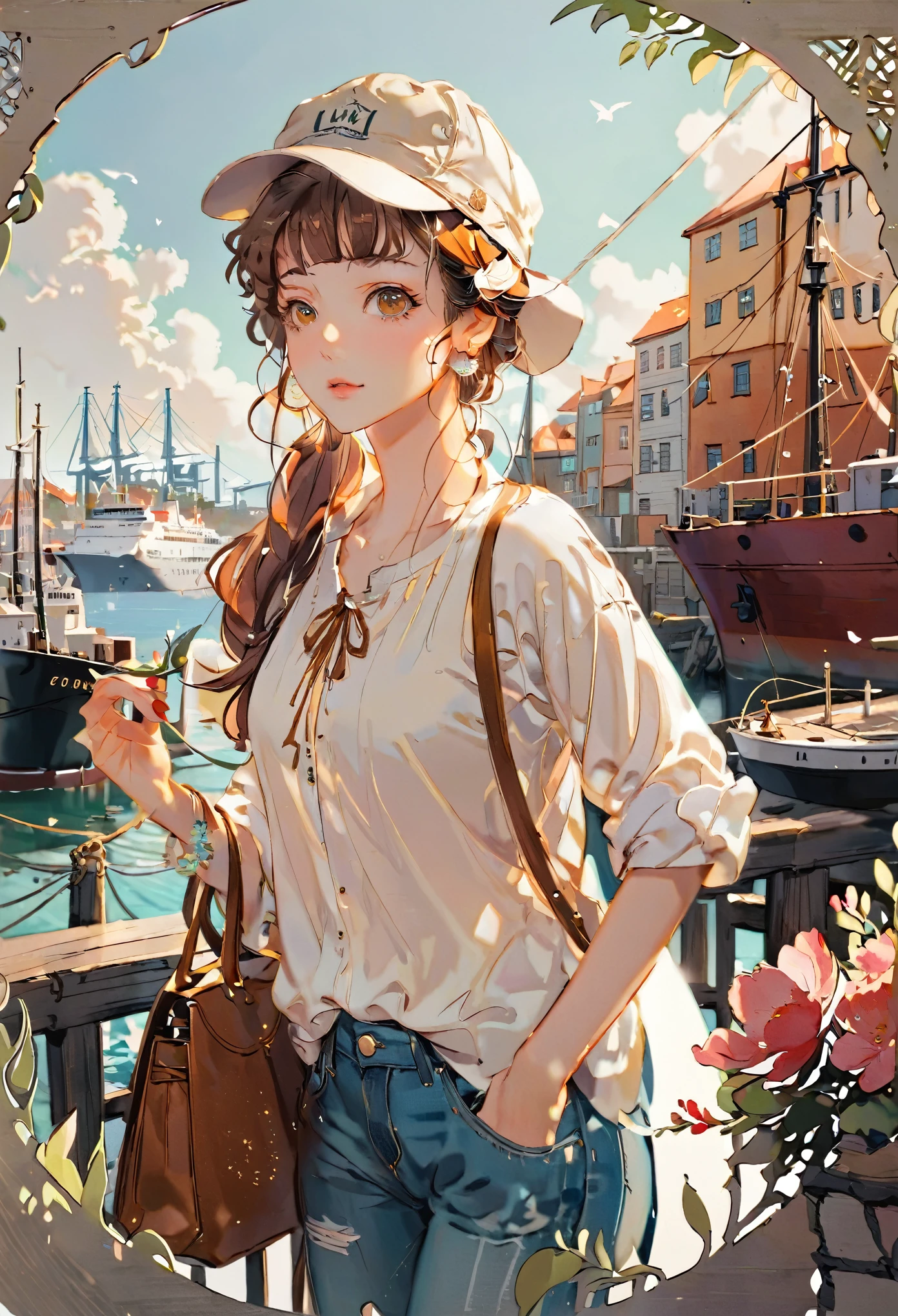 (((paper cutting style))), 1 girl, short brown curry hair, cap, shirts and denim, portfolio, harbor and ship