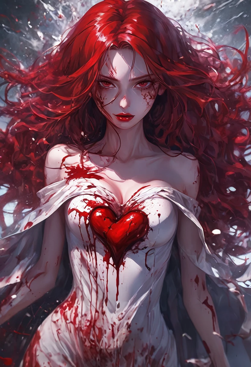 nsfw,Surrealism, anime,(8k, RAW photo, best quality, masterpiece:1.2),1girl,solo,long hair,red hair, (medium breasts),cleavage,(Torn pantyhose:1.2),(Torn dress:1.2),(Injuried), (Lots of blood),(breasts cuts:1.2),(red lips),(scratches on the face,heart-shaped pupils),(ryona:1.2),(Pubic hair exposed:1.2),(Whiplash),(full body blood),(red water), (menstruation), (Blood all over the body:1.2),(cowboy shot:1.3)