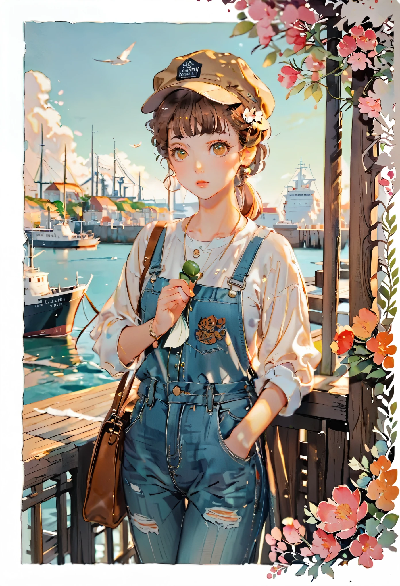 (((paper cutting style))), 1 girl, short brown curry hair, cap, shirts and denim, portfolio, harbor and ship