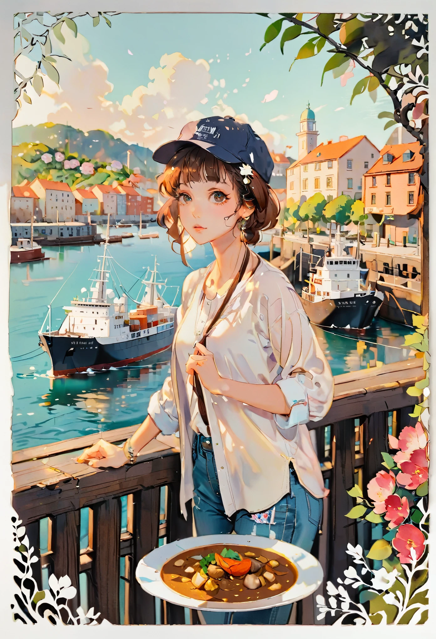 (((paper cutting style))), 1 girl, short brown curry hair, cap, shirts and denim, portfolio, harbor and ship