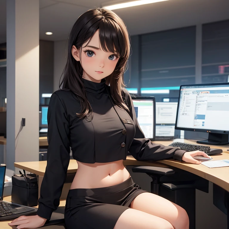 Girl in crop top professional suit, showing navel, ((doing presentation)), in the conference room