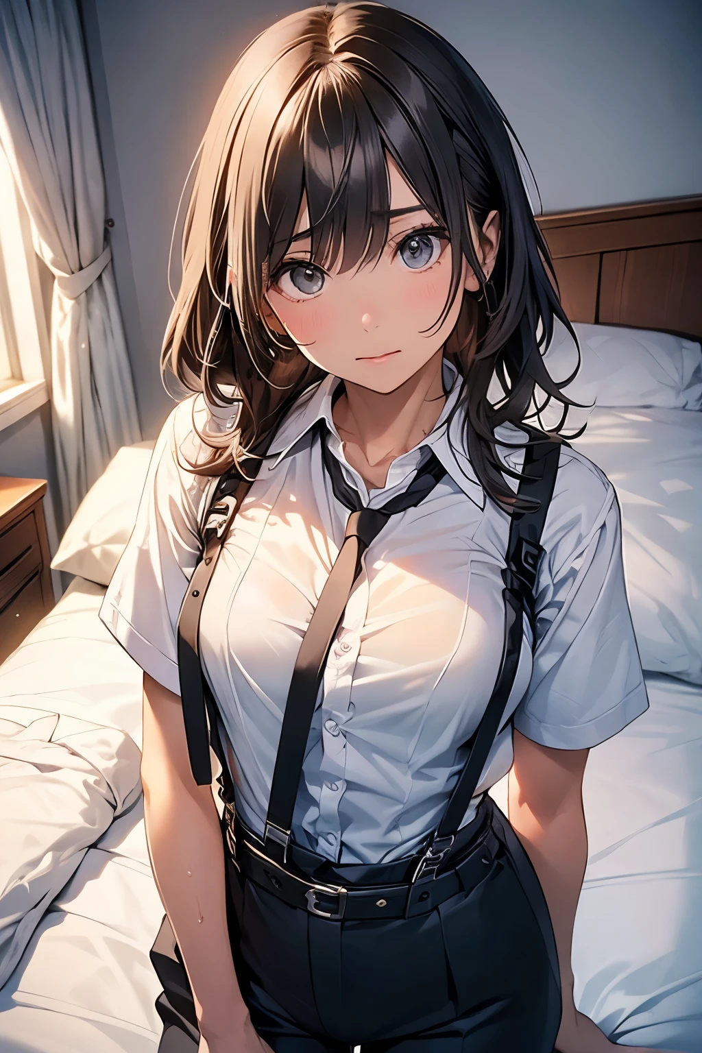 hair、Staring at the audience　　　Black suspenders　　　bulging big breasts　　 　 　　　wall: 　Black pantsuit　　　　　　sight　　　Small face　 　　　holster　　　Beautiful woman　　Show your hand　　 Lying in bed　　sight 　　Taunt　side　side汗 　arm　Dress shirt　belt　summer　Armpit sweat