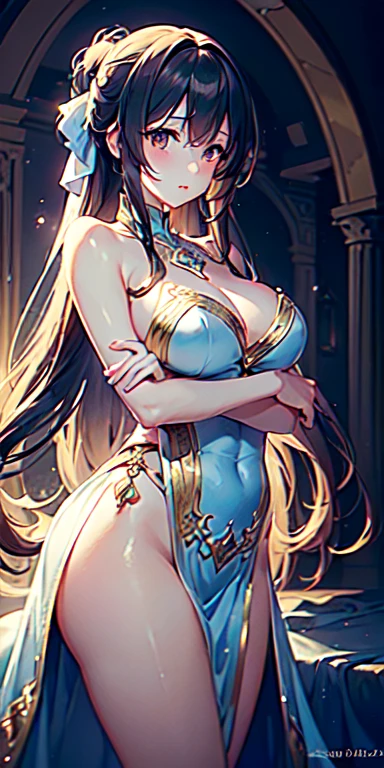 ((Masterpiece, Best high resolution quality),(Dreamy atmosphere and soft lighting),(1 character),(Mysterious expression and Elegant Pose),(flowing hair and bright eyes),(Magical costume and Delicate Details) )