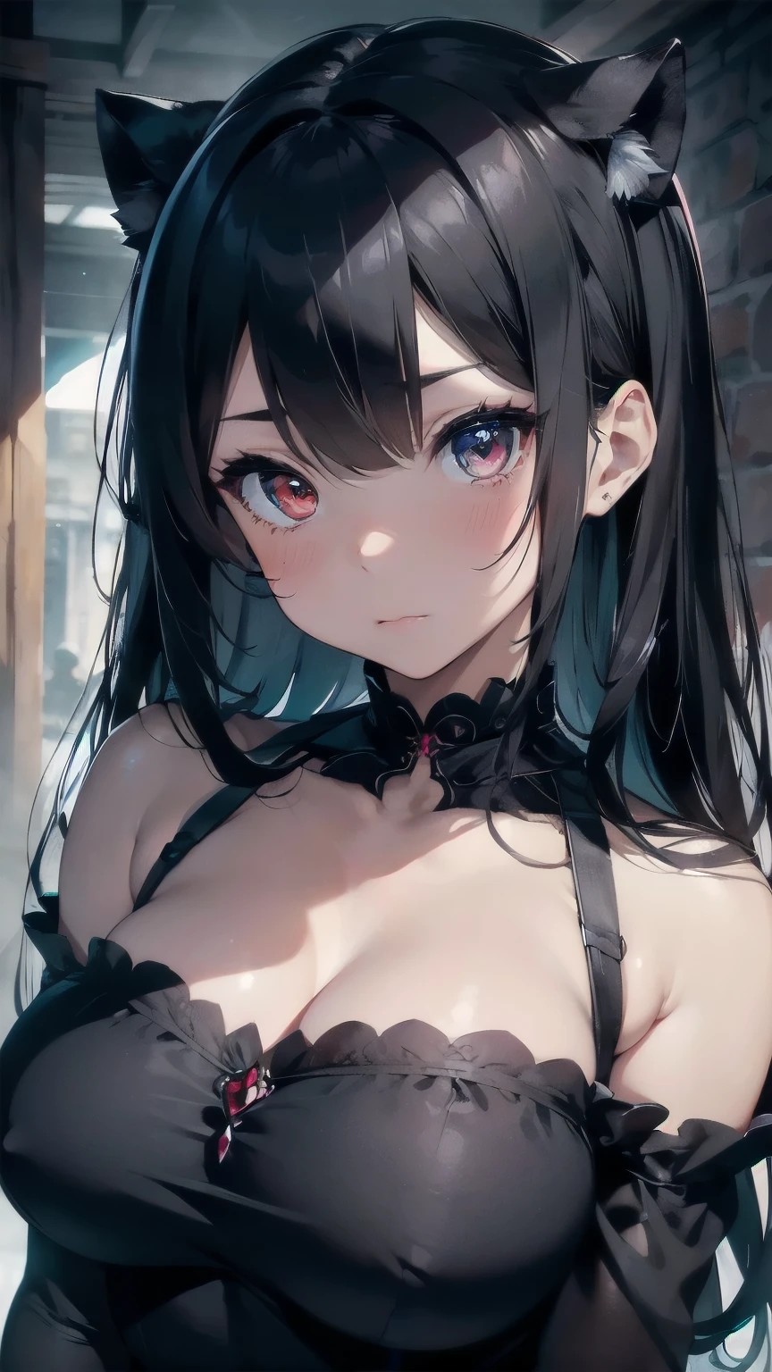 (detailed), perfect face, expressive eyes, blushing, panther goddess, adult girl, solo, ash black hair, hair covering one eye, red eye heterochromia, huge teardrop boobs, sensual gothic dress, fluttering, full body, incredible details, wallpaper art, ethereal ambient aura