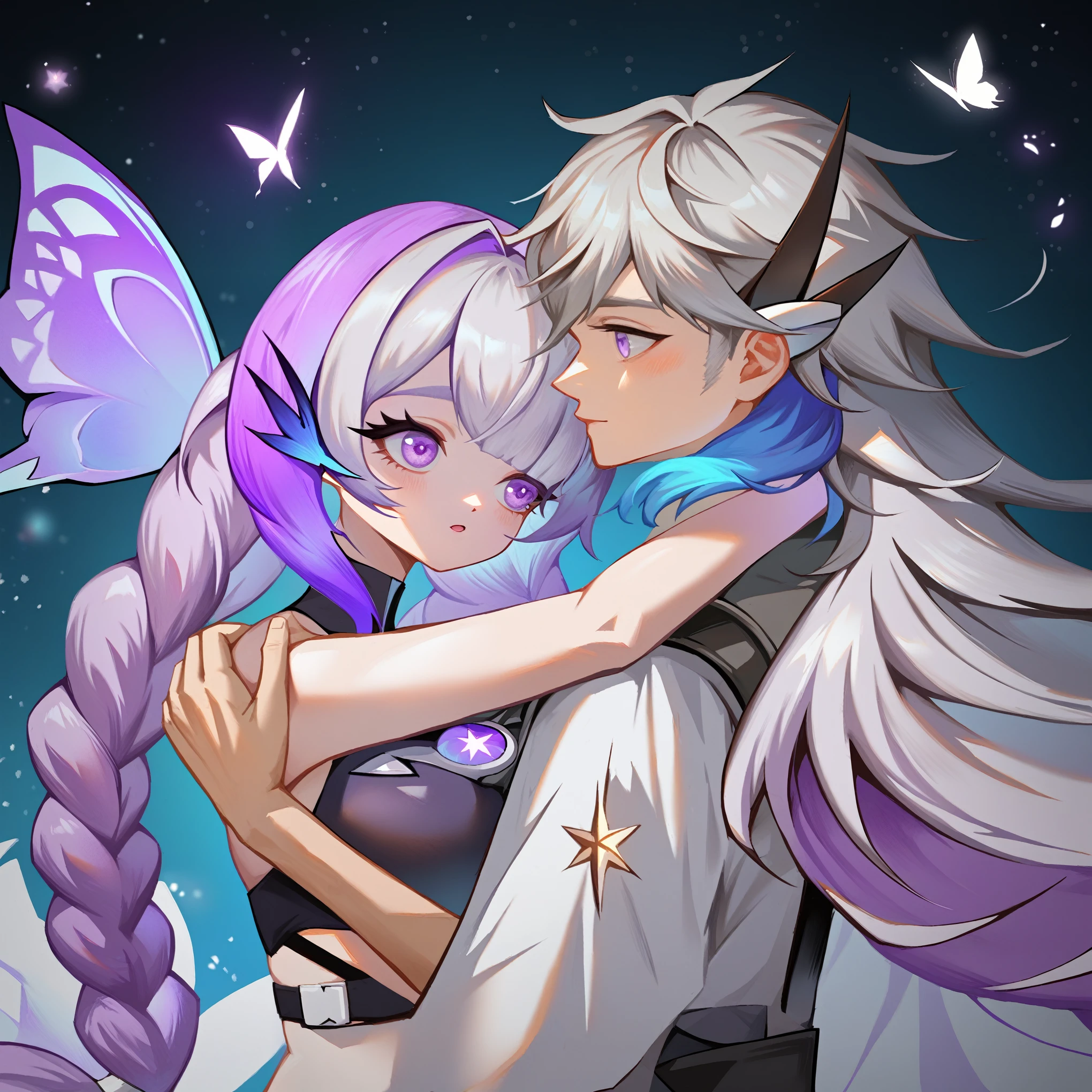 score_9,score_8_up,score_7_up,yinji,purple_hair,purple_eyes,very_long_hair,grey_hair,twin_braids,large_breasts,gradient_hair,whole body,a girl,than the heart,hug with another boy,butterfly,stars,