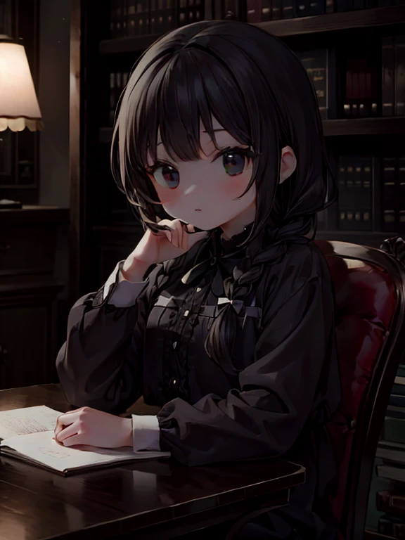 masterpiece, highest quality, Very detailed, 16k, Ultra-high resolution, Cowboy Shot, Detailed face, Perfect Fingers, A 13-year-old girl, black eye, Black Hair, Braid, Luxurious Western-style building, library, Bookshelf, table, Chair, Chairに座る, at night, darkness, no light:1.4