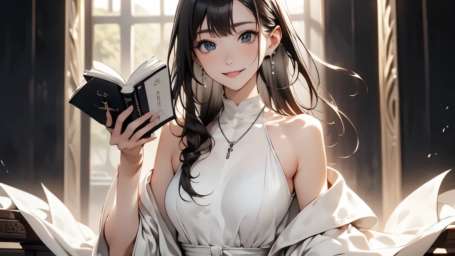 ((Biologically correct limb count))、(( 顔を含むwhole body))、4K、masterpiece、((Focus on the face))、((Symmetrical facial features))、The eyes are detailed、Beautiful woman、Excellent style、Beautiful arms、Beautiful feet、Beautiful Hands、(slim)、Drawing facial details、Small earrings、necklace、(White and uniform gloss、Shiny Dress、High heels、Glowing Skin)smile、(Beautiful feetのアップ)、Sweat、(((Black and White)))、Realistic illustrations,Reading a book,whole body
