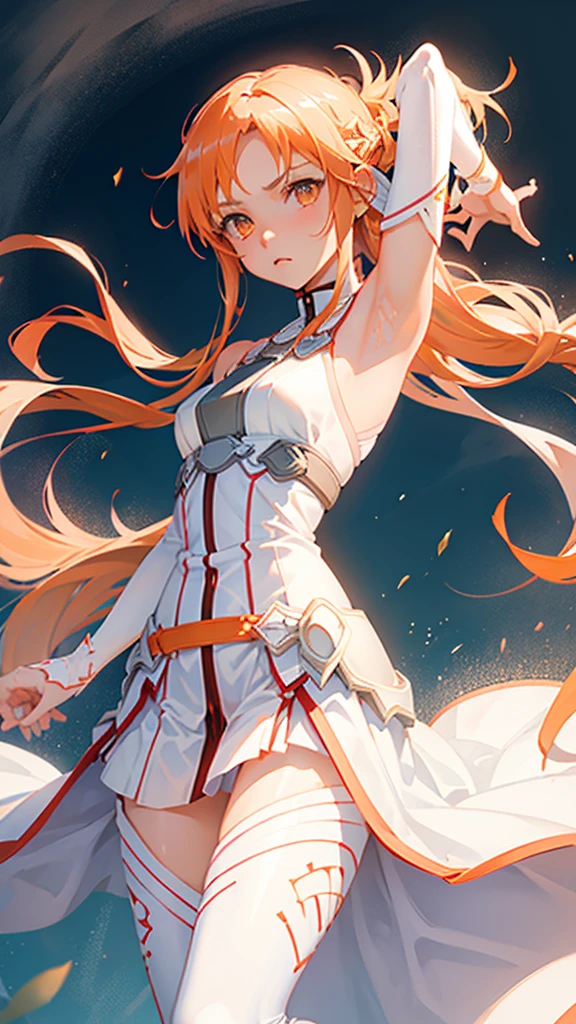 masterpiece, best quality, 1girl, anime girl with long orange hair with orange eyes wearing white armor and white pants, yuuki asuna from sword art online, yuuki asuna, showing both armpits, detailed armpits, detailed face, detailed eyes