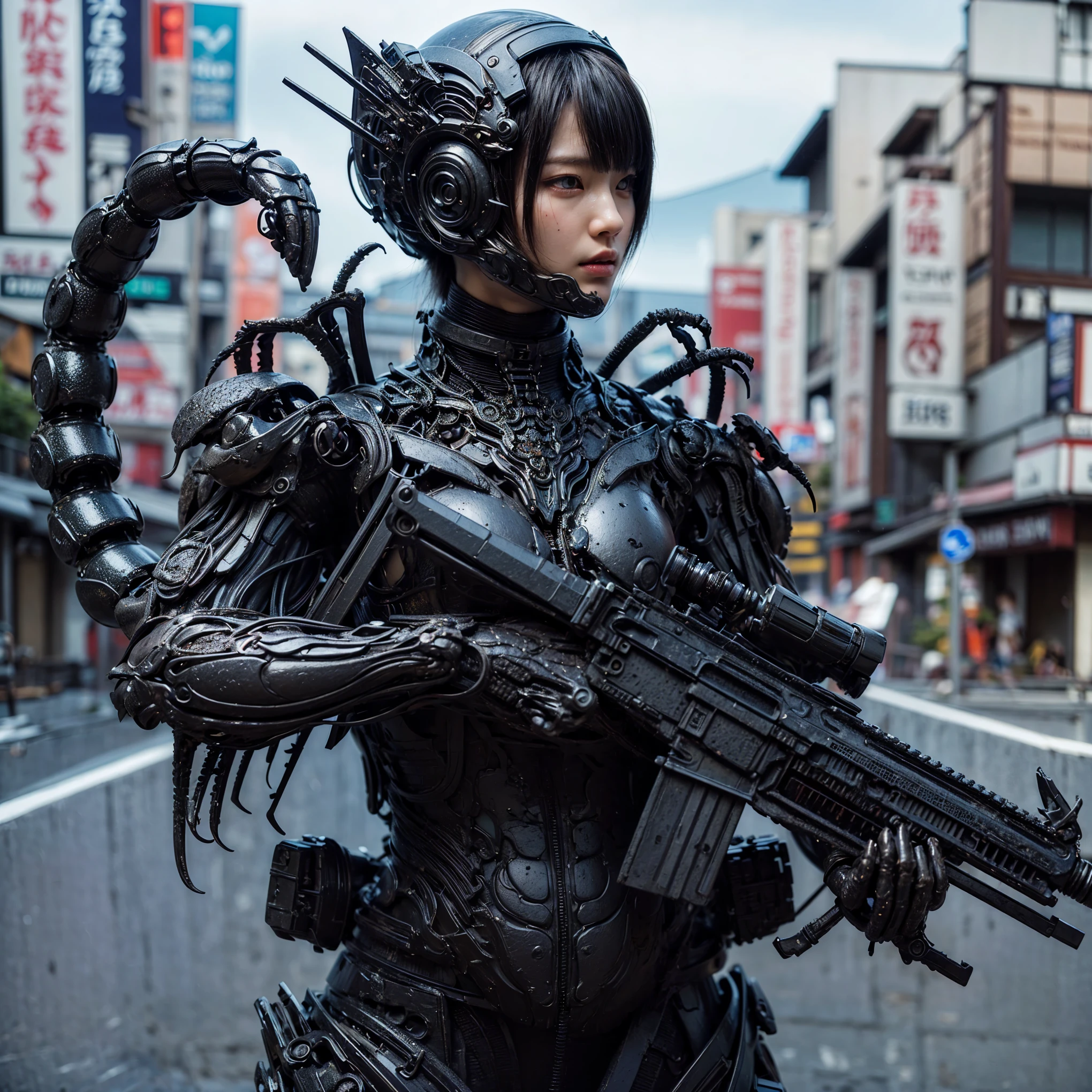 (top-quality:1.2, masterpiece), ultra high resolution, (Photorealsitic:1.4), (crab-base body), 1 Japanese female, extremely realistic face, (white hair), ((ultimately intricate all details)), (whole body picture), realistic shadow, octan render, glossy textures, character edge light, Details of complex ornaments, dystopia with a beautiful view at night, fighting pose