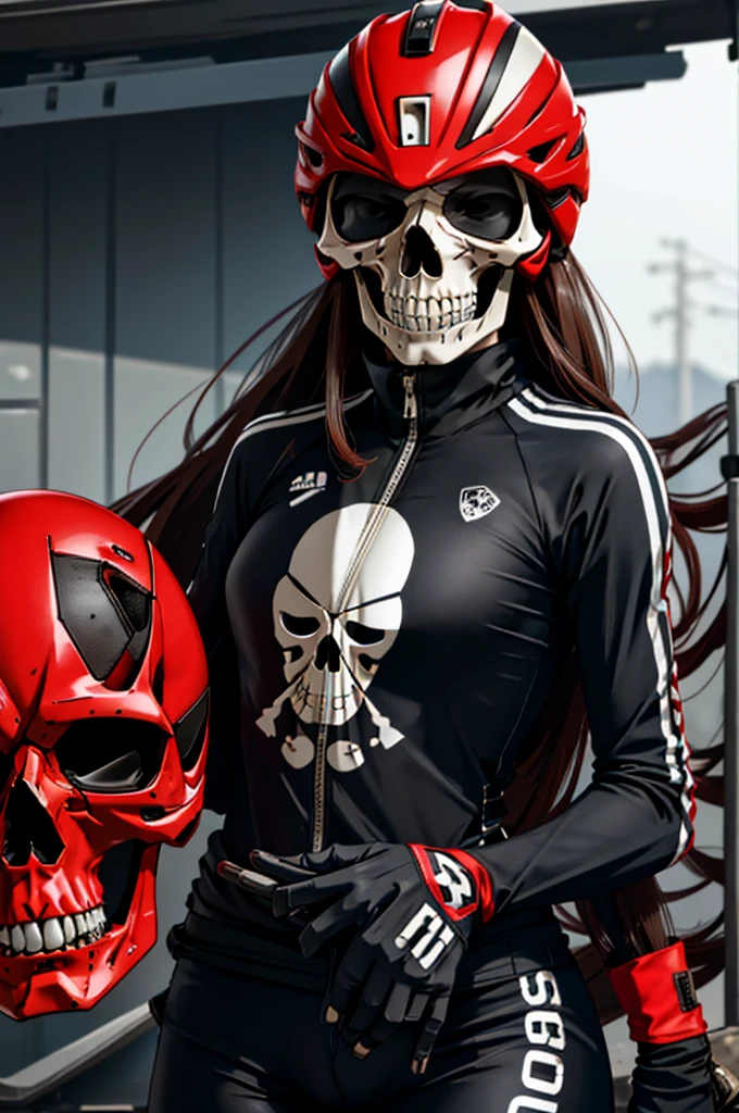 1woman, road cycling speed, long hair, red skull head, cycling suit and short, jersey, helmet, skull face head,