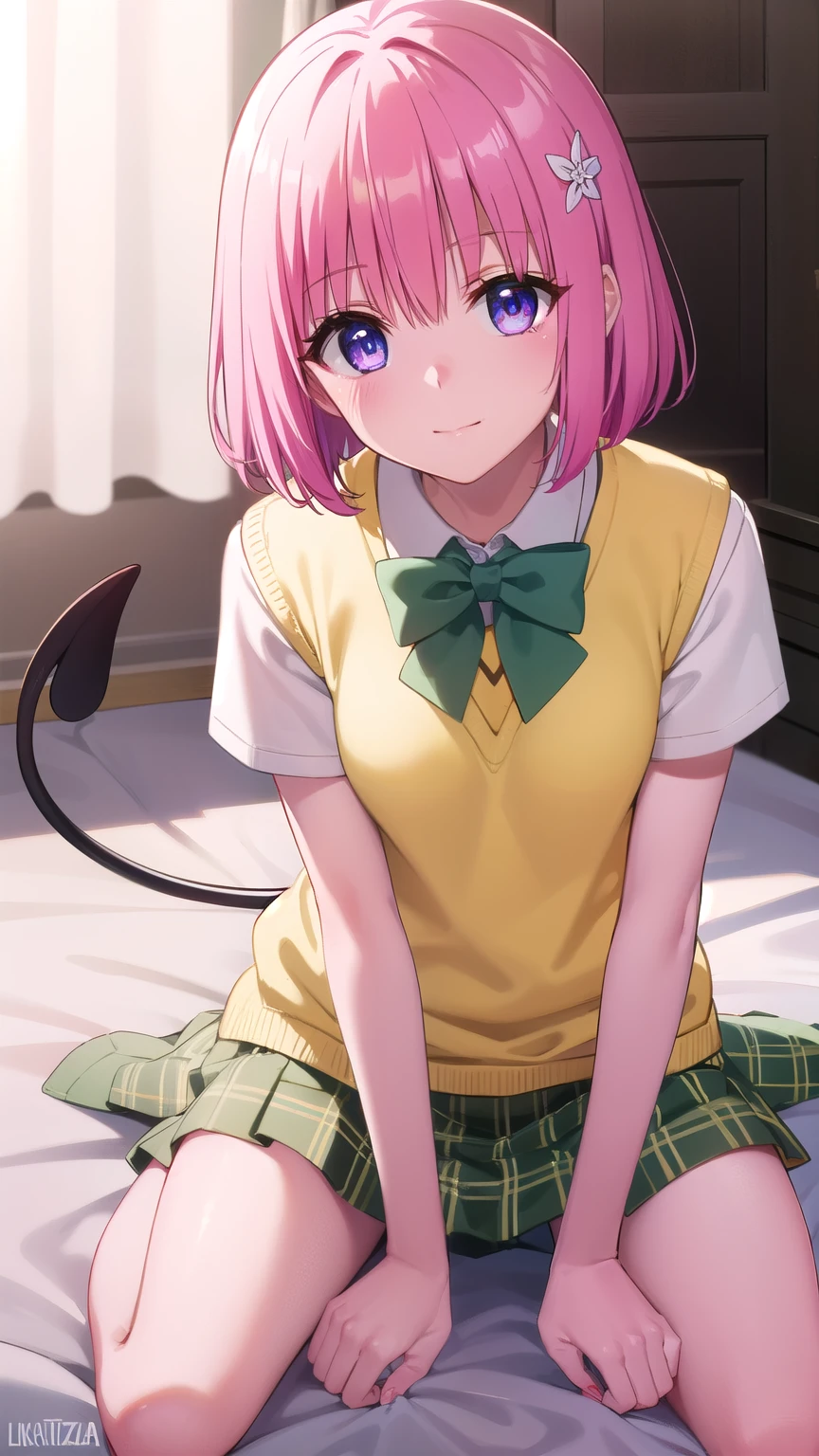 momodevilluke, momo deviluke, demon tail, hair flower, hair ornament, (purple eyes:1.1), pink hair, short hair, tail, smile,
BREAK demon tail, green skirt, plaid, plaid skirt, sainan high , , skirt, sweater vest, thighhighs, (yellow sweater:1.5), short sleeves, bow, (green bow:1.5),
BREAK bed
BREAK looking at viewer, (wariza:1.5),blush
BREAK (masterpiece:1.2), best quality, high resolution, unity 8k wallpaper, (illustration:0.8), (beautiful detailed eyes:1.6), extremely detailed face, perfect lighting, extremely detailed CG, (perfect hands, perfect anatomy),