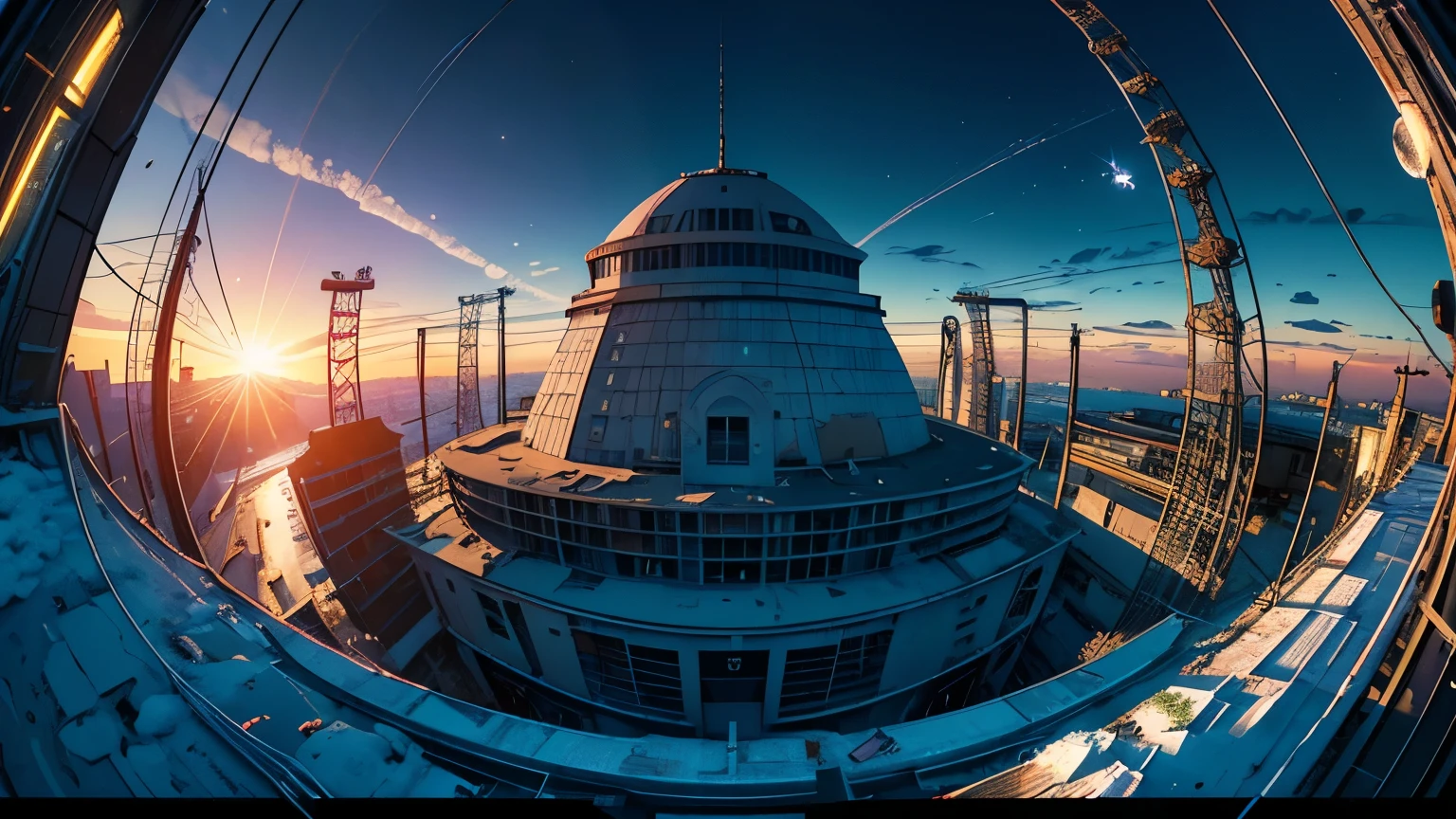 (Fish-eye lens),Icon, Logo, Very Wide White Background, Extreme Quality, Masterpiece, 8k, Depth of Field, Complex Detail, (No People), Very Large Margin, Lots of Text, Corporate Logo, Space, Motif, Emblem, Movie Poster-Like, Fisheye, (Abandoned Factory), (Lots of Wires), Spacecraft, Moon, Sun Flare, sunset, snow
