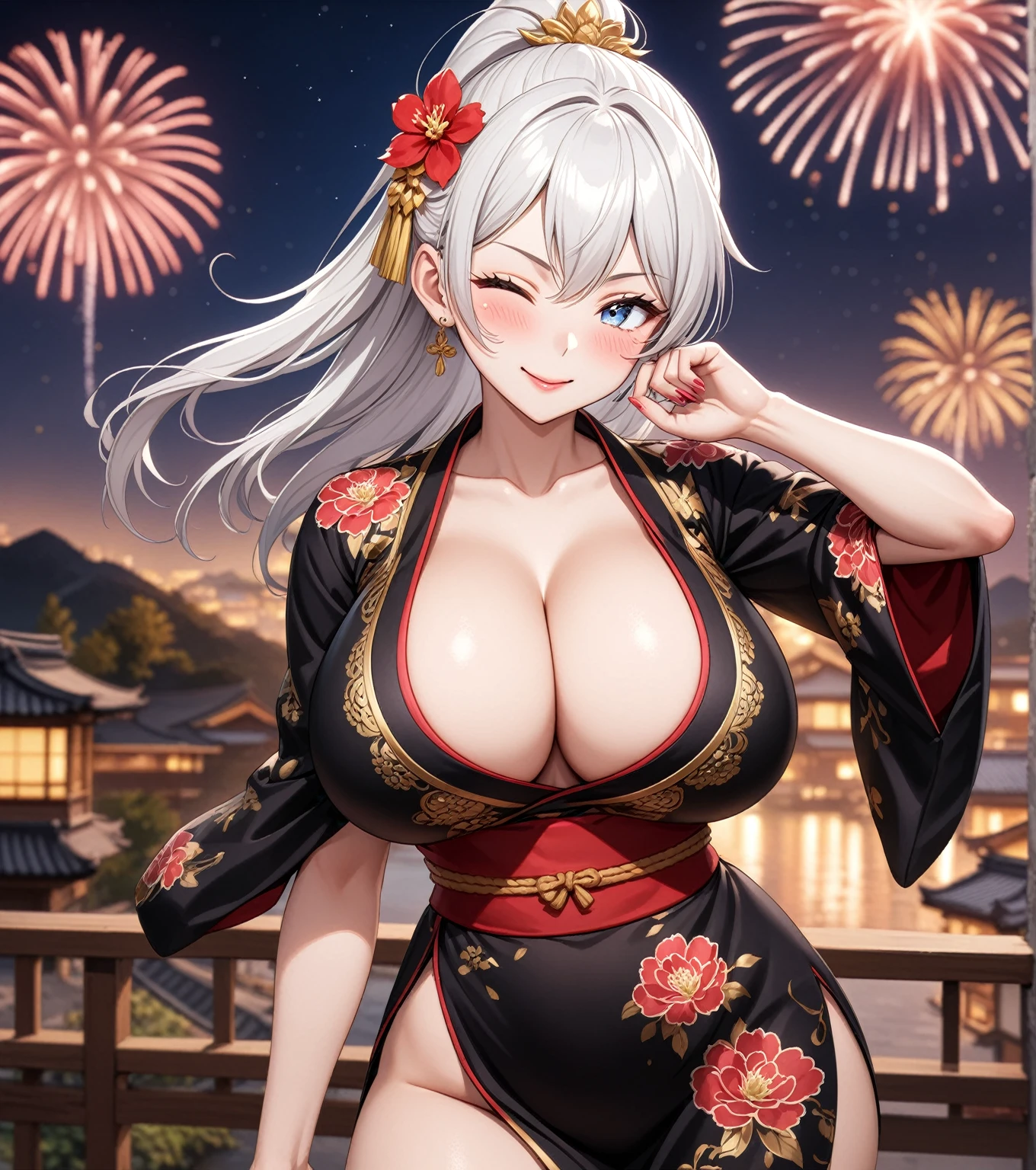 ((one personの女性)), Beautiful Face,Expressions of embarrassment and kindness,Laugh shyly,((Wink:2.0)),turn bright red,Glossy pink lips,night,Fireworks mountain((Anime style background)),masterpiece, highest quality, so beautiful, up to date, Complex details, (Pink long nails),AI-generated, Complex,High resolution, highest quality, super high quality,3D Images、View your audience、3D Images,one person,Long white hair,High Ponytail,blue eyes,Anime woman posing for a photo, [[fine grain、Colorful eyes、Shining Eyes:1.15]],(Squint your eyes:1.1),a hyperRealistic , hyperRealistic , Realistic,Long haired white haired anime woman, Smooth anime CG art, A woman in a colorful kimono with gold embroidery, (Black kimono),Red floral pattern,Long flower hair ornament,Big earrings,(Big Breasts:1.4),Mature Body,expensive,Big Ass,Fine details,Tight waist,Abdominal muscles,(Prayer Pose)