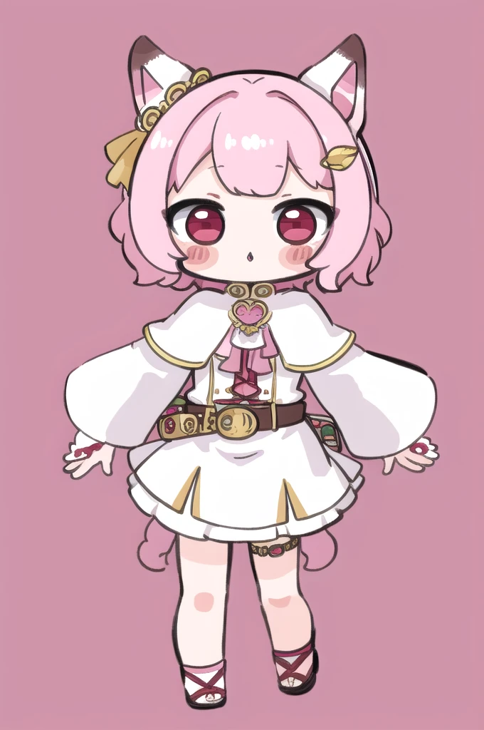masterpiece, best quality, highly detailed, Chibi Character, cute,Animal Ear Girl,Pink Hair,Red eyes,1girl, solo, blush stickers, (chibi:1.4), simple background, full body, jewelry,white capelet, long sleeves, parted bangs, dress, belt, 
