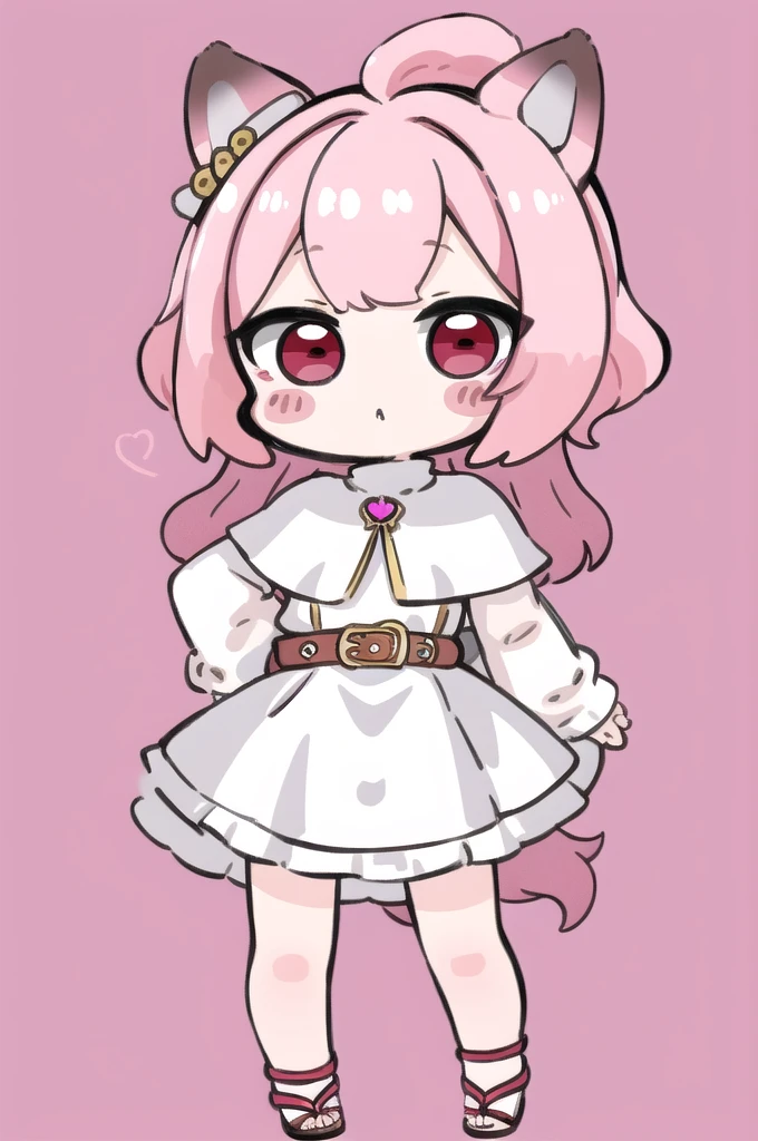 masterpiece, best quality, highly detailed, Chibi Character, cute,Animal Ear Girl,Pink Hair,Red eyes,1girl, solo, blush stickers, (chibi:1.4), simple background, full body, jewelry,white capelet, long sleeves, parted bangs, dress, belt, 