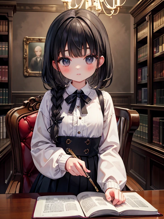 masterpiece, highest quality, Very detailed, 16k, Ultra-high resolution, Cowboy Shot, Detailed face, Perfect Fingers, A 13-year-old girl, black eye, Black Hair, Braid, Luxurious Western-style building, library, Bookshelf, table, Chair, Chairに座る, at night, darkness, no light:1.4