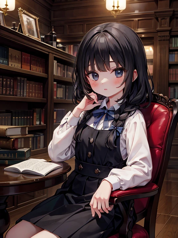 masterpiece, highest quality, Very detailed, 16k, Ultra-high resolution, Cowboy Shot, Detailed face, Perfect Fingers, A 13-year-old girl, black eye, Black Hair, Braid, Luxurious Western-style building, library, Bookshelf, table, Chair, Chairに座る, at night, darkness, no light:1.4