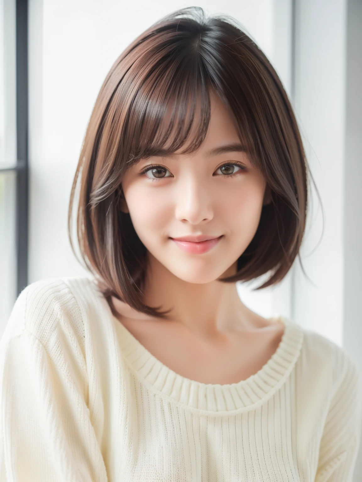 (masterpiece, highest quality, raw photos, photorealistic:1.2), smile, beautiful girl, cute, delicate girl, short hair, Depth of bounds written, High resolution, Super detailed, details, highly detailed eyes and face, realistic pupils, sharp focus, cinematic lighting, upper body, bangs, knit sweaters,