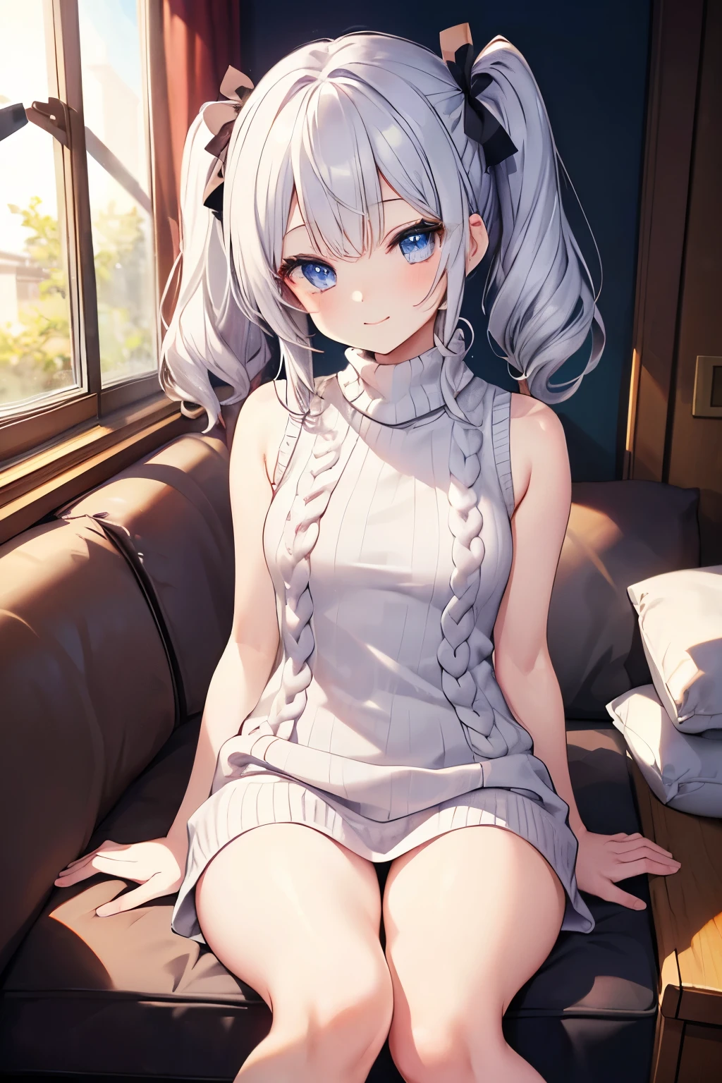 Silver Hair、Blue Eyes、girl、Small breasts、Twin tails、girl、Small breasts、Lolita、Bright smile、Looks about 15 years old、Petan Musume、short、目のhighlight、Sexy thighs、(length, High neck, Sleeveless sweater:1.3)、Your eyes are so beautiful、highlight