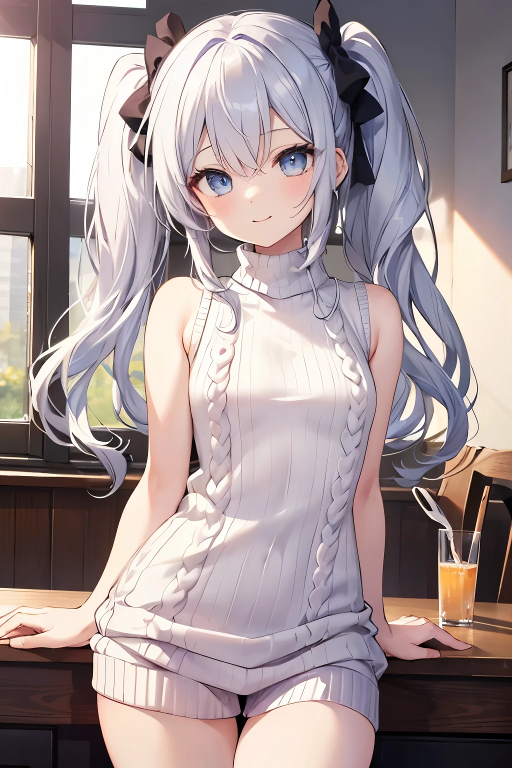 Silver Hair、Blue Eyes、girl、Small breasts、Twin tails、girl、Small breasts、Lolita、Bright smile、Looks about 15 years old、Petan Musume、short、目のhighlight、Sexy thighs、(length, High neck, Sleeveless sweater:1.3)、Your eyes are so beautiful、highlight