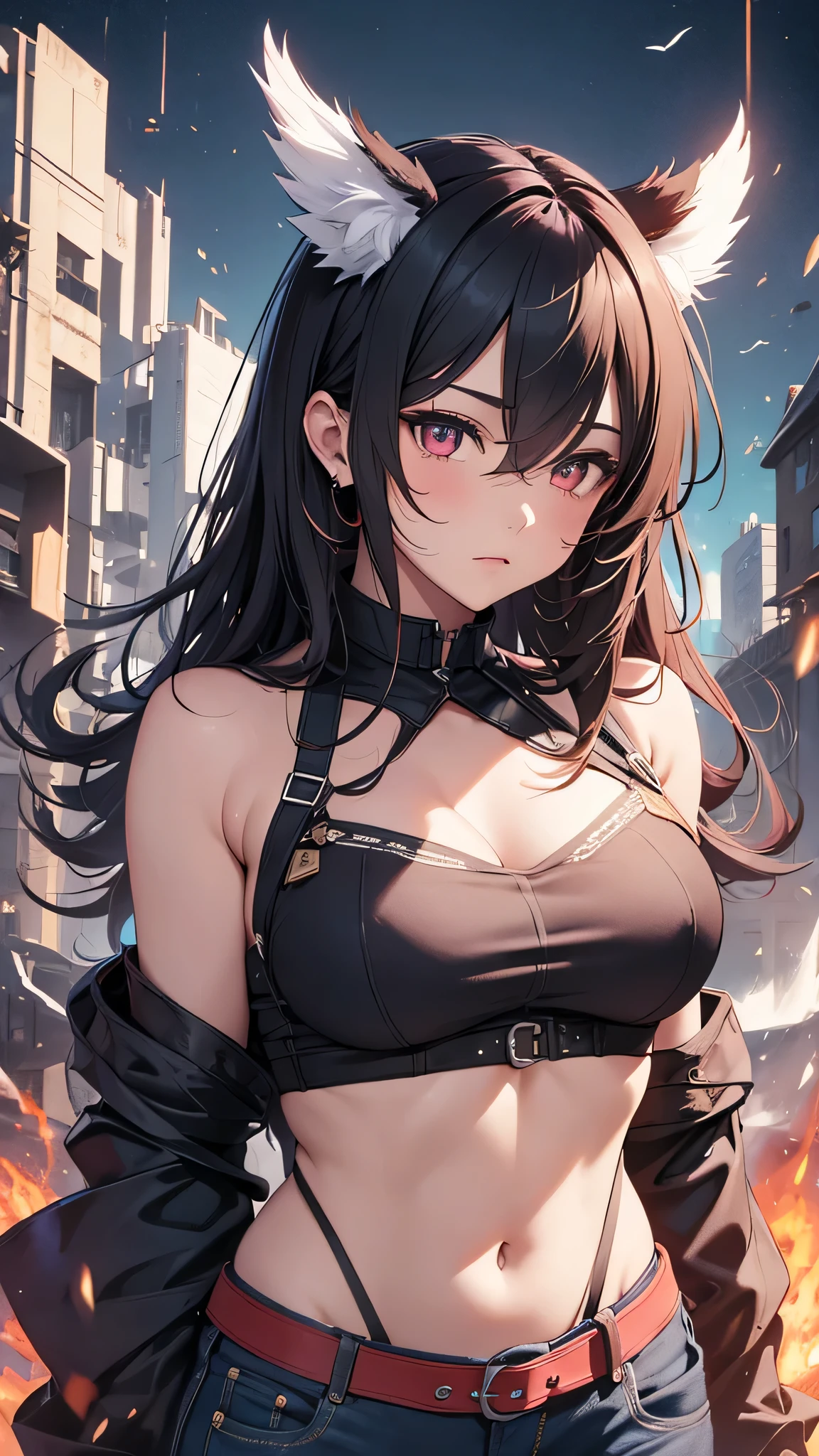 Highest quality、Highest quality、Masterpiece、girl((American、half、18-year-old、as soon as、Highest Bust、Medium Bust、Wide open chest、Red glowing eyes、Black Ear、Red Mesh、Disheveled Hair、Loincloth、thin、The best valley、Open chest、hair ornaments、Full body view、pants、shortTshirt、Random Pause))、high quality、Beautiful Art、background((military base))、flight、Flying Debris、Depth of text、movie、Visual Arts、Perfect Art、8K、Genuine、Special Angles
