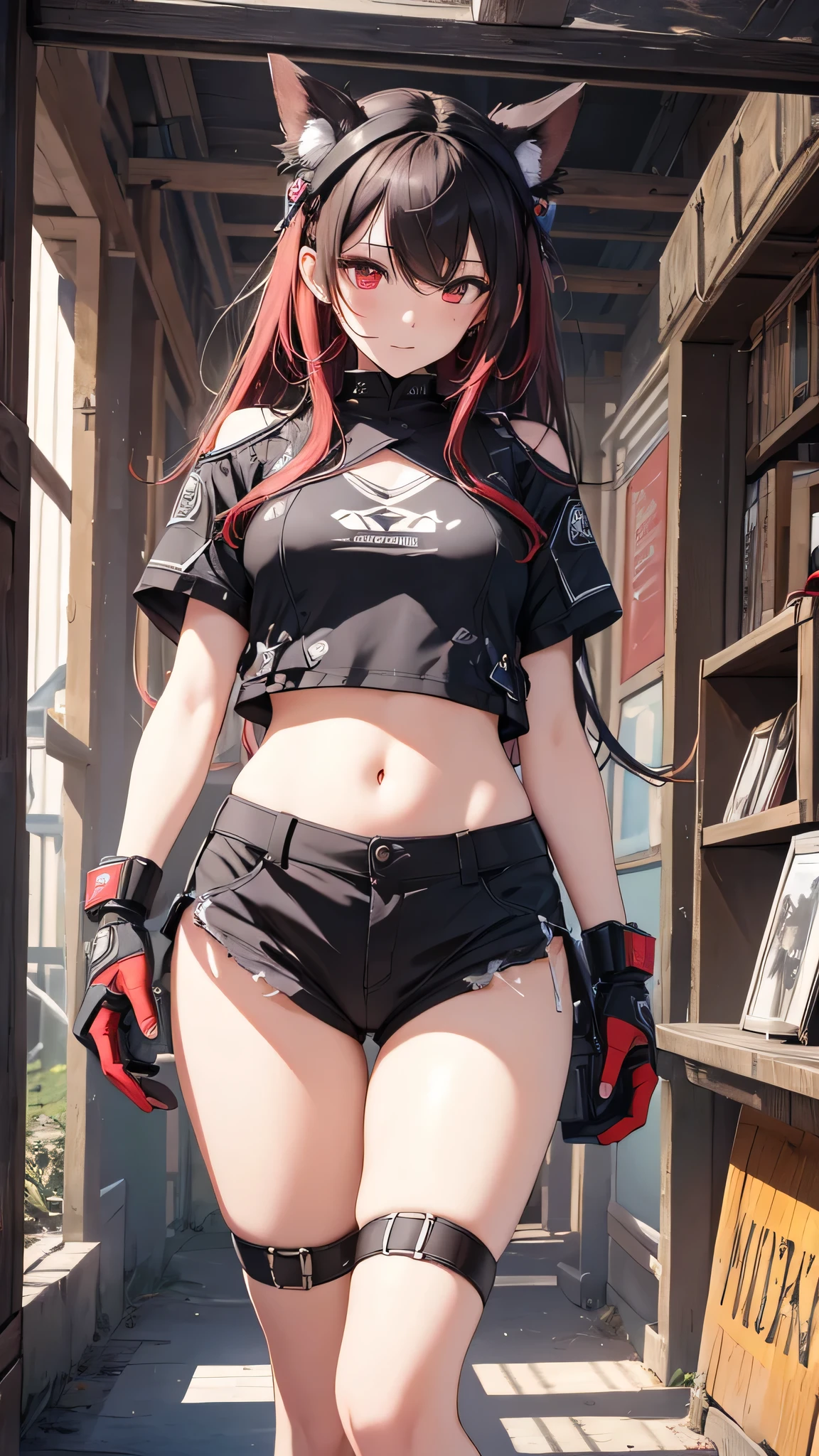 Highest quality、Highest quality、Masterpiece、girl((American、half、18-year-old、as soon as、Highest Bust、Medium Bust、Wide open chest、Red glowing eyes、Black Ear、Red Mesh、Disheveled Hair、Loincloth、thin、The best valley、Open chest、hair ornaments、Full body view、pants、shortTshirt、Random Pause))、high quality、Beautiful Art、background((military base))、flight、Flying Debris、Depth of text、movie、Visual Arts、Perfect Art、8K、Genuine、Special Angles