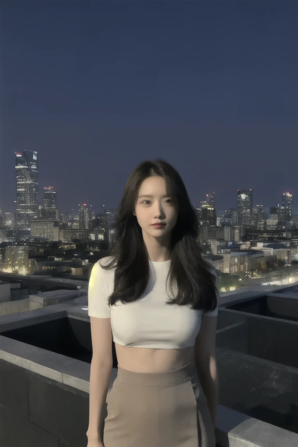 Fujifilm XT3, 8k,close up photo, masterpiece, best quality, (((1girl))), solo,realistic, ((looking at viewer)), photorealistic, (extremely detailed face), looking at viewer, ((ultra-detailed eyes and pupils)), ultra detailed, serious expression, cropped top,shirts, (standing against a city skyline at night), (rooftop), Suit skirt, ((navel)), arms behind back, 