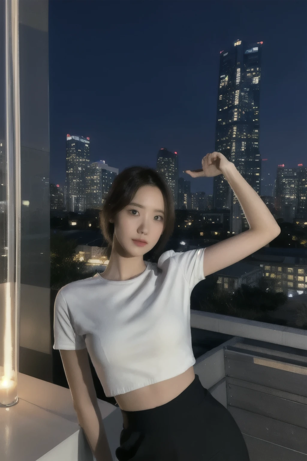Fujifilm XT3, 8k,close up photo, masterpiece, best quality, (((1girl))), solo,realistic, ((looking at viewer)), photorealistic, (extremely detailed face), looking at viewer, ((ultra-detailed eyes and pupils)), ultra detailed, serious expression, cropped top,shirts, (standing against a city skyline at night), (rooftop), Suit skirt, ((navel)), arms behind back,