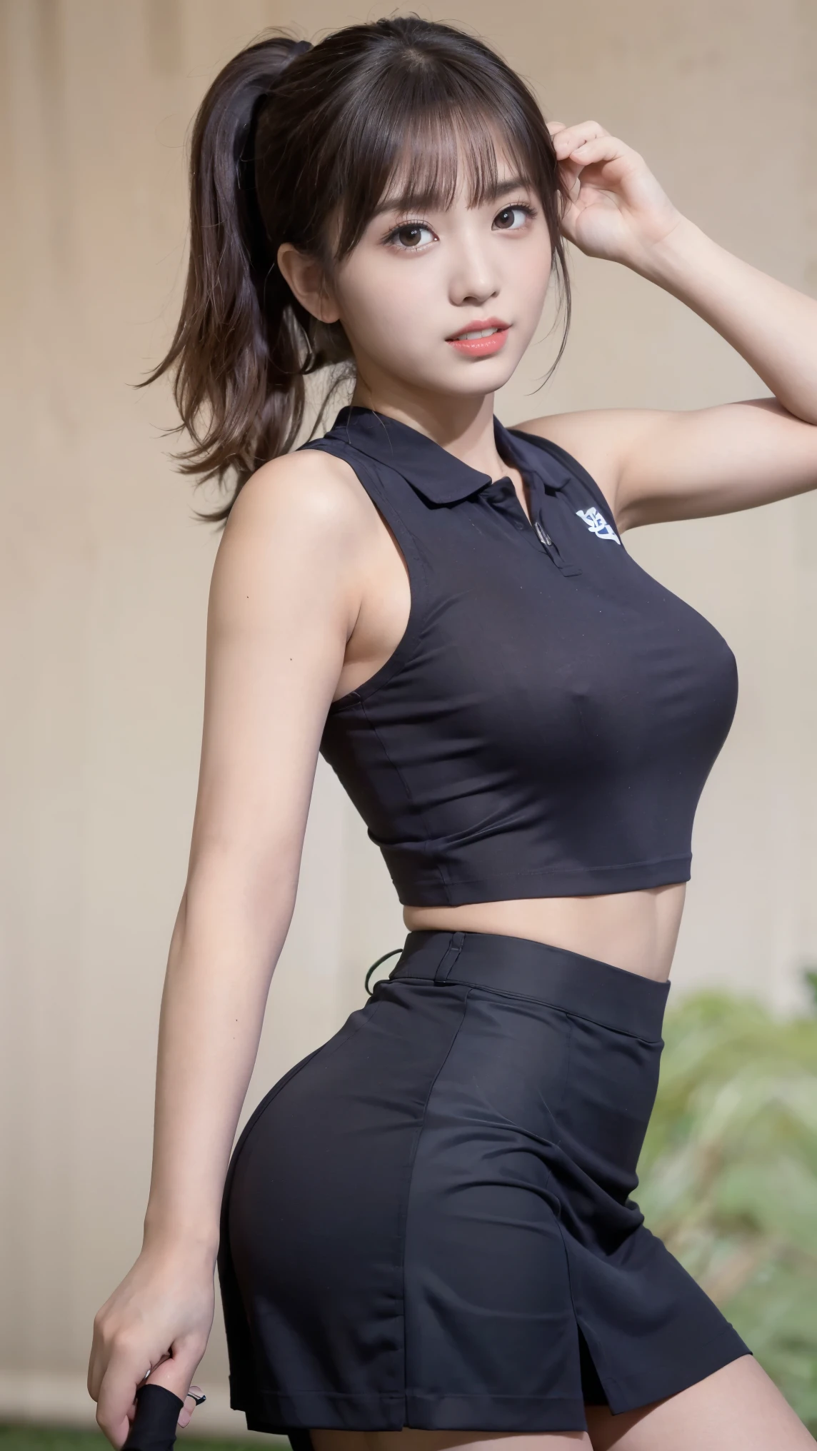 (((Masterpiece，highest quality，Highest quality，8k))),((Ultra-high resolution，極めてdetailed，detailed)，Hyper Quality，Beautiful Japanese woman in golf wear, Female college student，Gal，detailedなボディ，Golf course,Professional Golfer,Golf club，smile，Beauty，sexy，glamorous，tall，Bright brown hair，ponytail,Large Breasts,G-Cup,Big Ass,Sun visor,A sleeveless polo shirt worn directly on the skin(See-through fabric)，Ultra mini skirt(See-through fabric)，Knee-high socks,Golf Swing，Live Action, Skirt flip, (Female college studentがGolf courseで練習している様子)